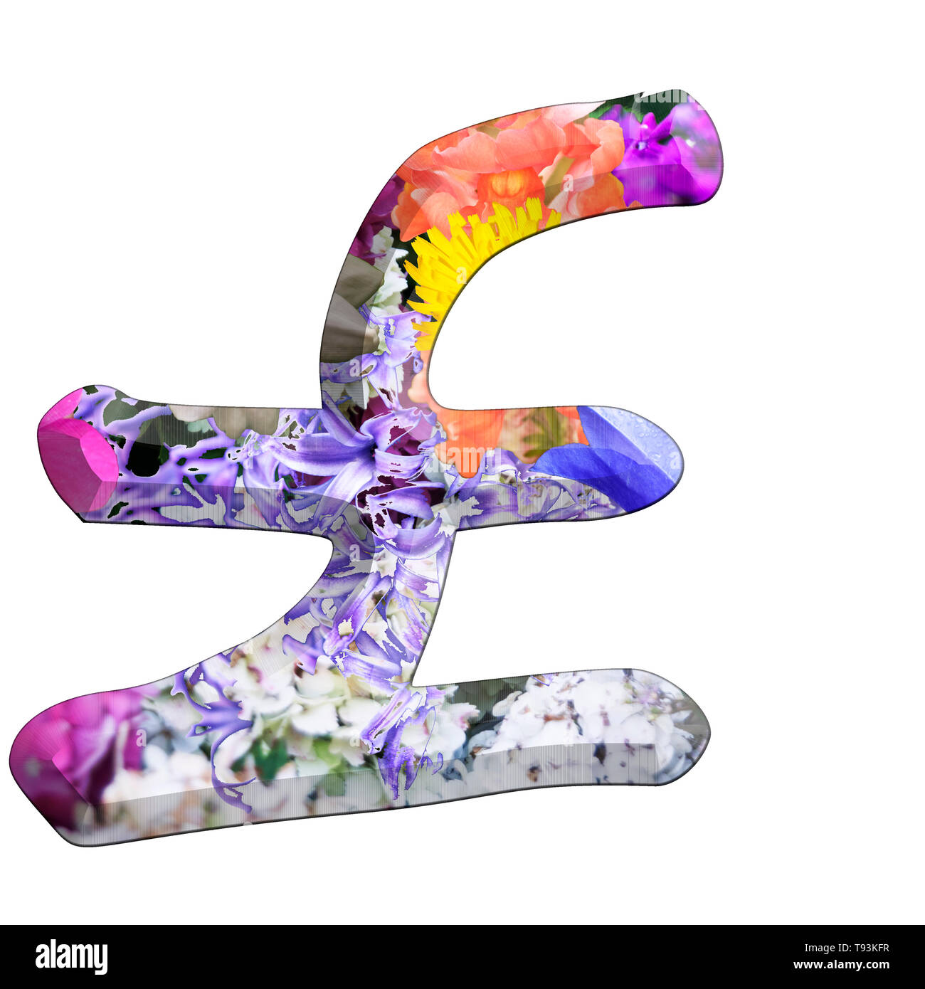 Le symbole de devise Pound partie d'un ensemble de lettres, chiffres et symboles de l'alphabet en 3D faites avec des images de fleurs colorées sur fond blanc Banque D'Images