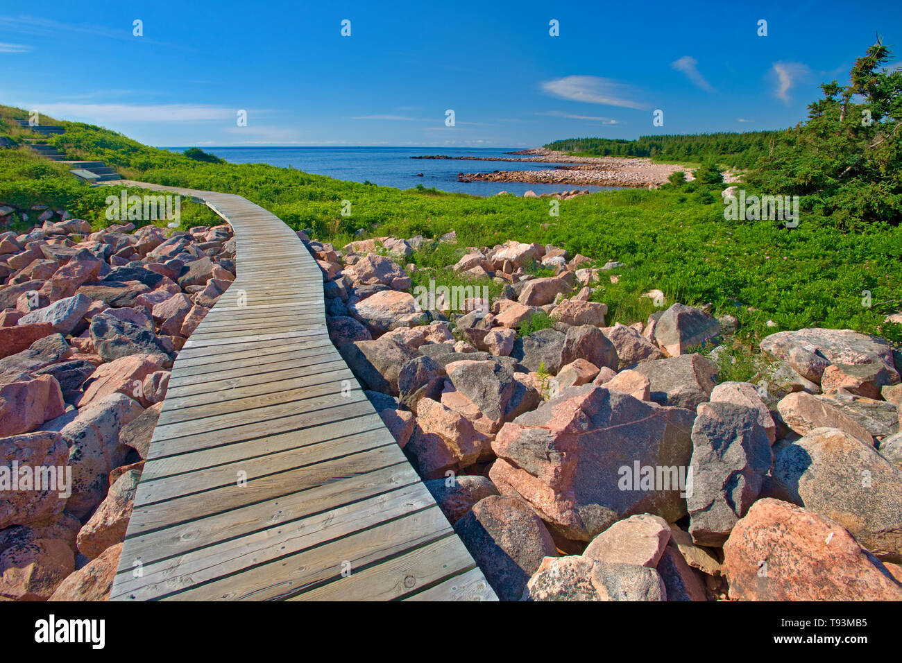 Le long de la passerelle en bois à Green Cove Sentier à travers la côte rocheuse le long du détroit de Cabot (Océan Atlantique). Cabot Trail. L'île du Cap-Breton. Parc National des Hautes Terres du Cap Breton en Nouvelle-Écosse, Canada Banque D'Images