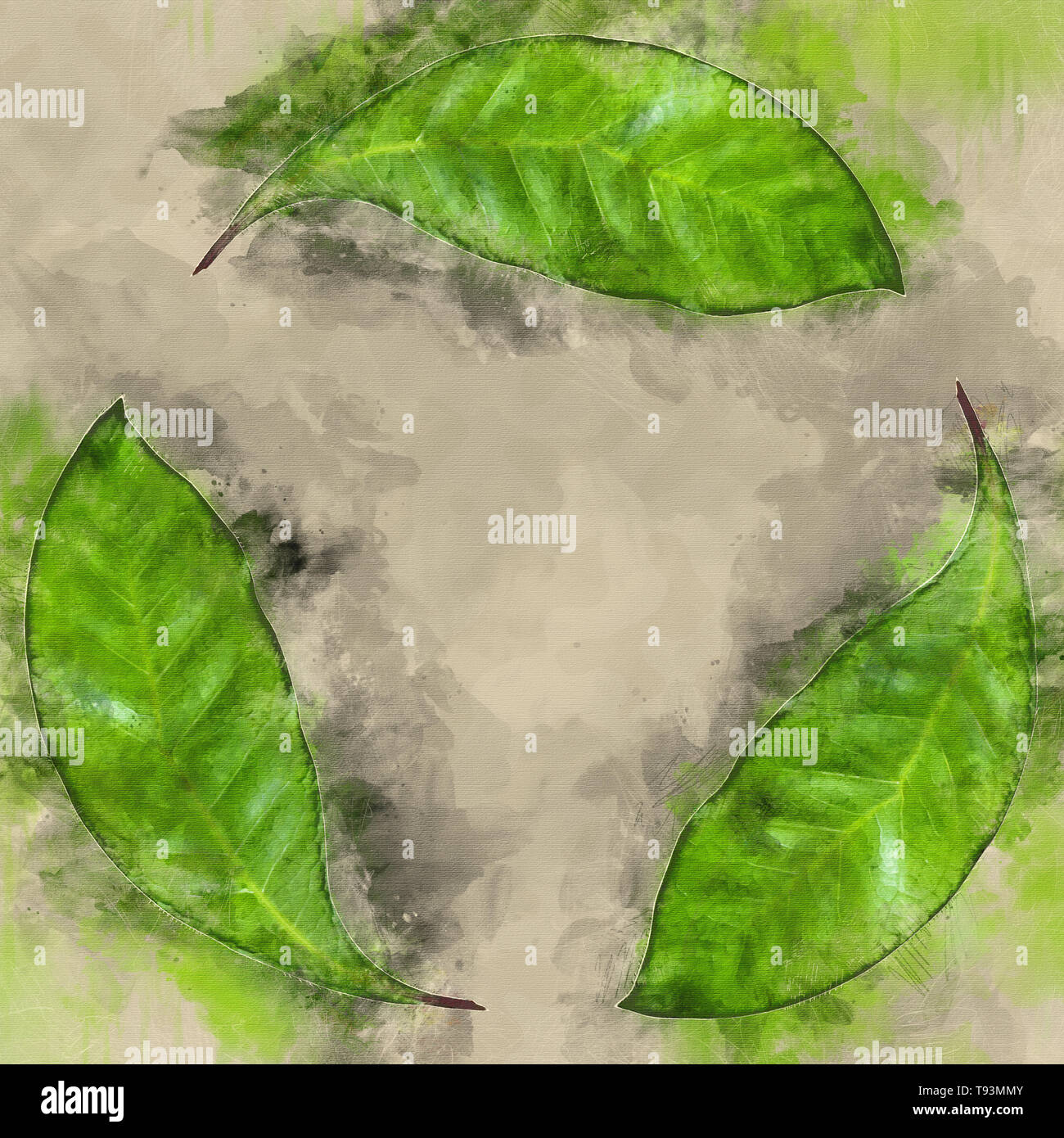 Image de l'amélioré numériquement logo de recyclage créé avec une photo de trois feuilles vertes sur fond blanc Banque D'Images