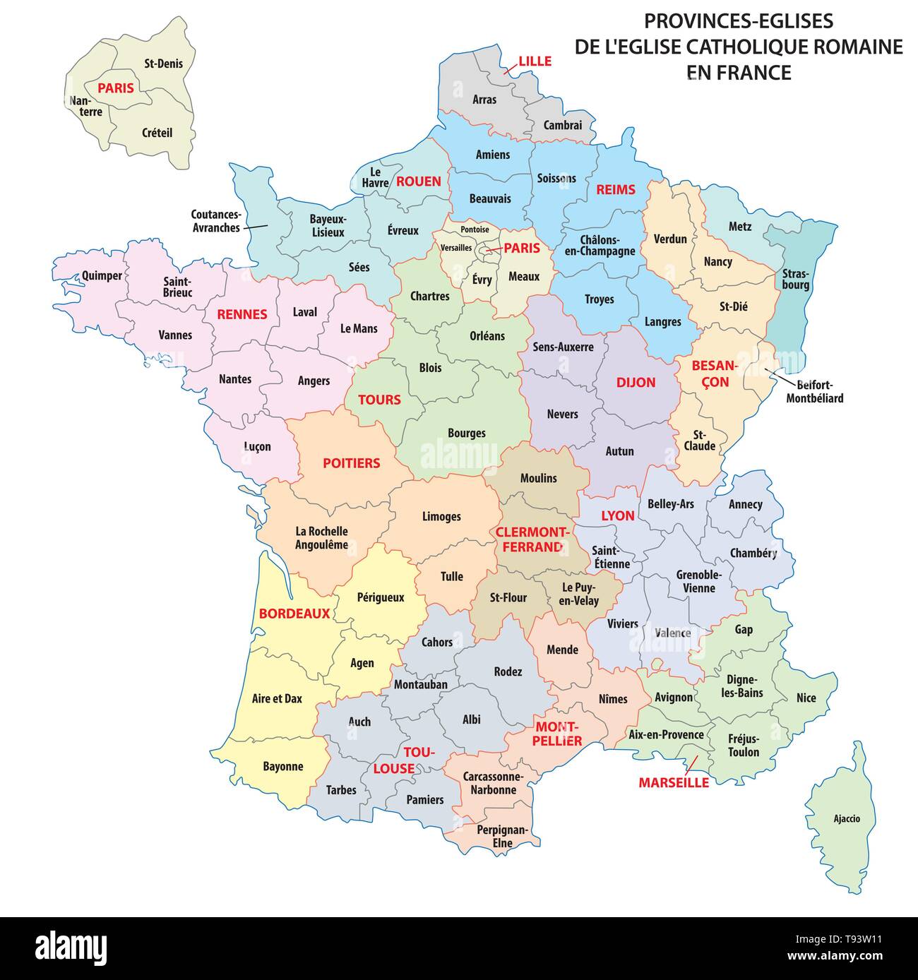 Carte des provinces de l'Église Catholique Romaine en France Illustration de Vecteur