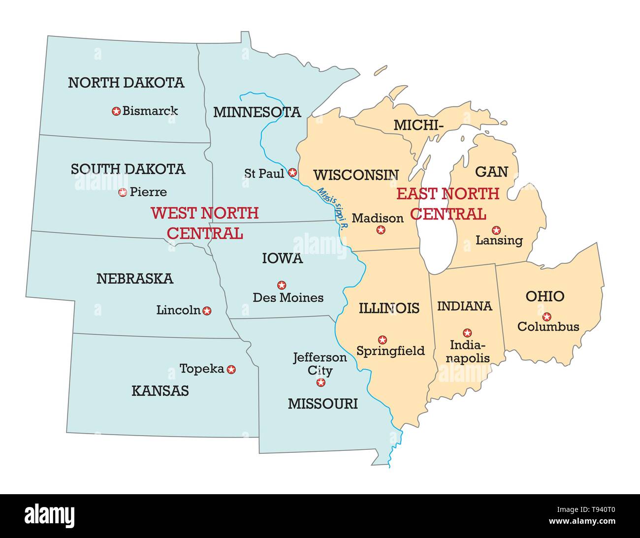 Carte de la Midwest des États-Unis d'Amérique Illustration de Vecteur