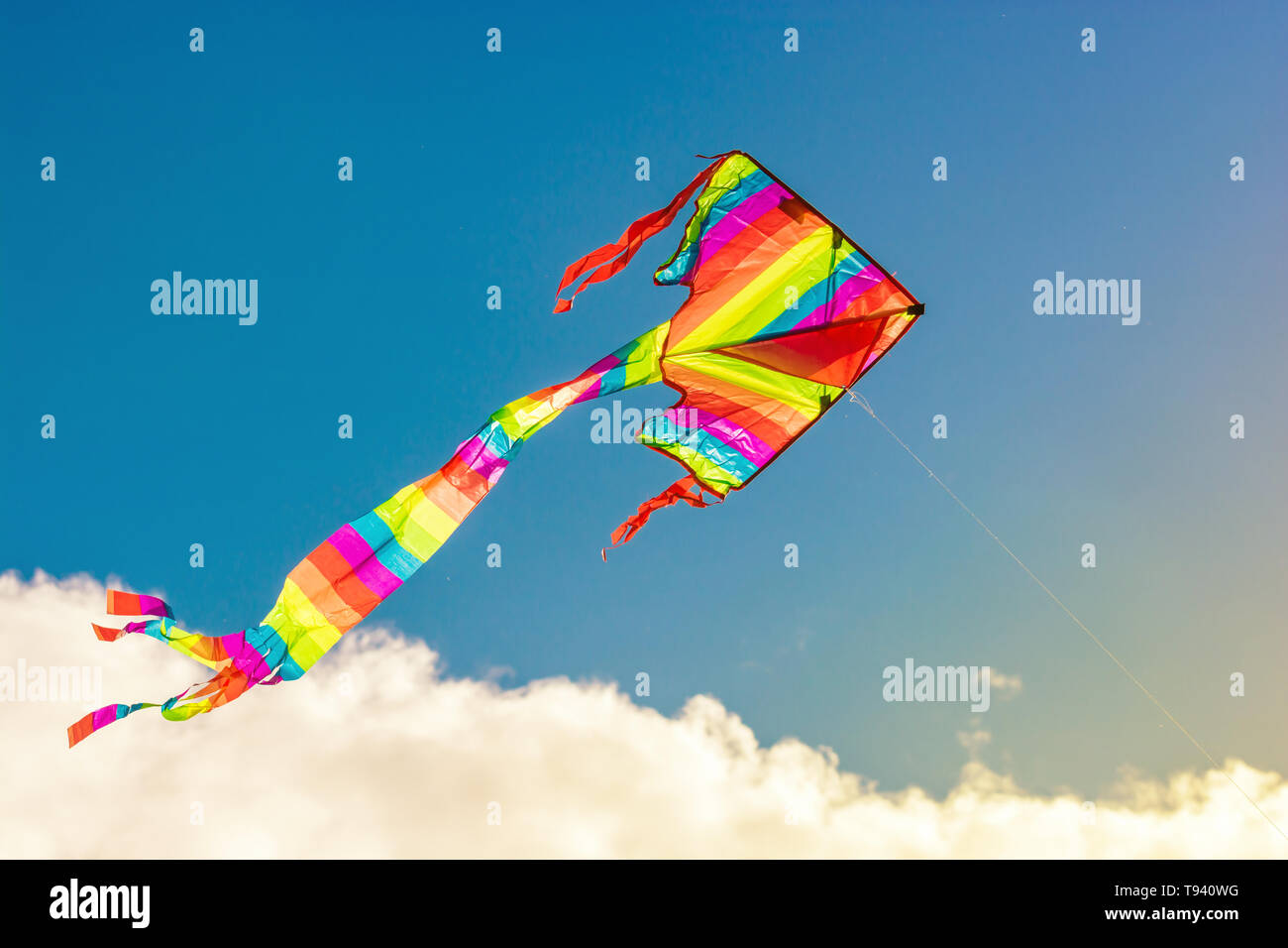 Cerf-volant vole dans le vent en lumière ensoleillée et légèrement nuageux  dans l'arrière-plan Photo Stock - Alamy