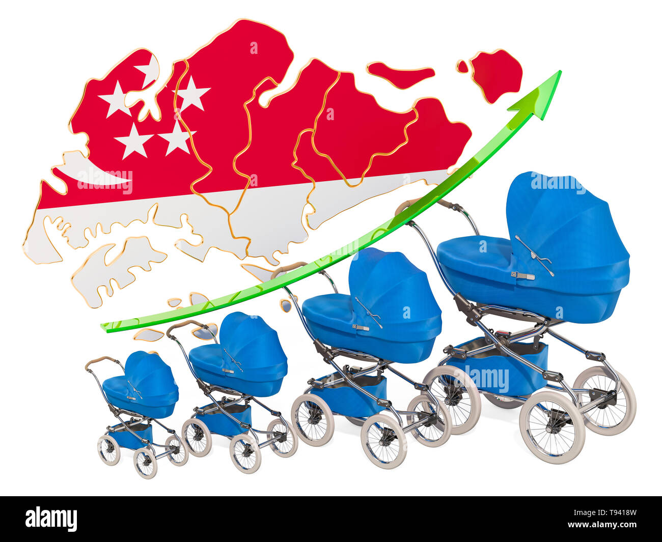 Taux de natalité croissante à Singapour, concept. Le rendu 3D isolé sur fond blanc Banque D'Images