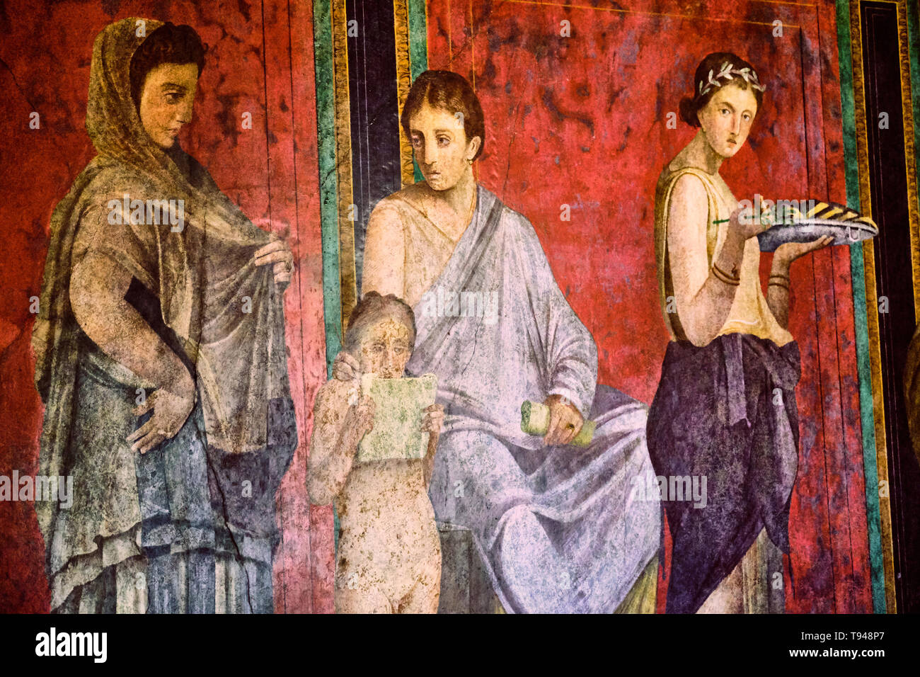 Détail de la peinture ancienne dans la Villa des Mystères à Pompéi. Banque D'Images