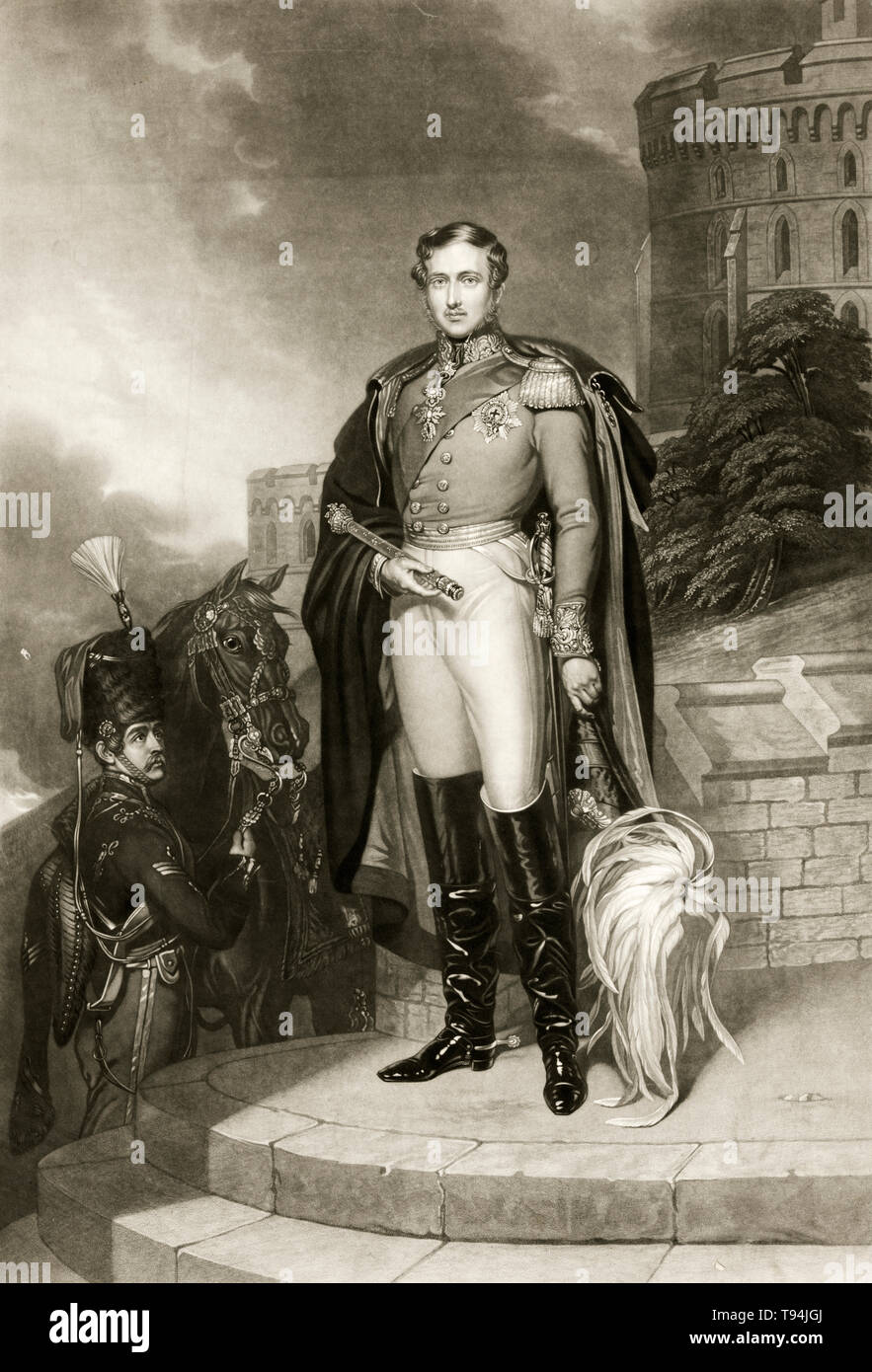 Portrait du Prince Albert, gravure, tenant le sceptre et la hat, uniforme militaire, 1847 Banque D'Images