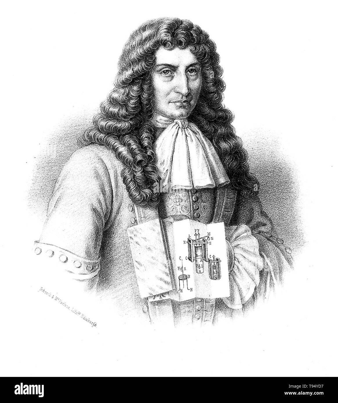 Papin holding un diagramme d'un moteur à vapeur, lithographie, 1689. Denis Papin (22 août 1647 - 1712) était un physicien, mathématicien et inventeur. Il a travaillé avec Robert Boyle à partir de 1676-79, la publication d'un compte de son travail dans la poursuite de nouvelles expériences (1680). Au cours de cette période, Papin a inventé l'autoclave à vapeur, un type d'autocuiseur d'une soupape de sécurité. Banque D'Images