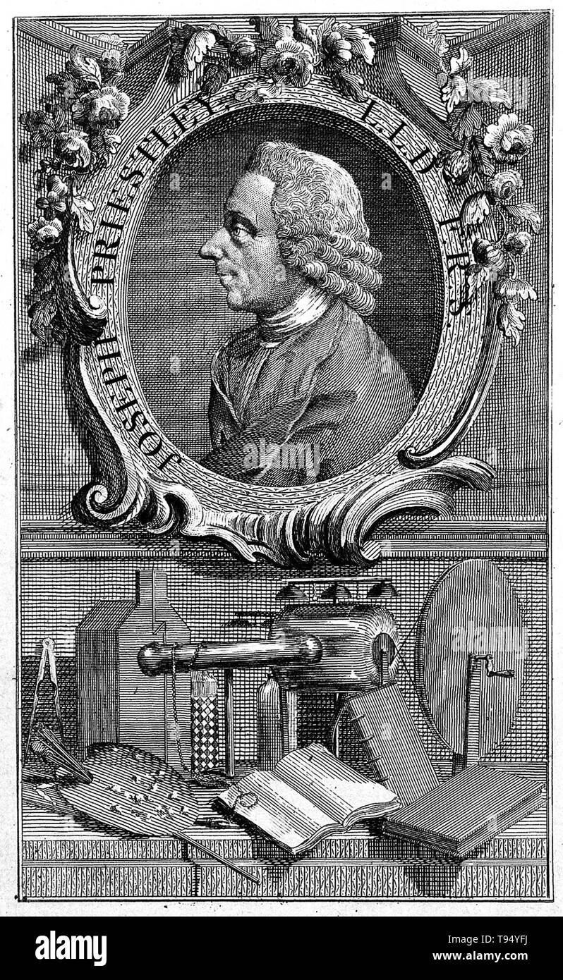 Joseph Priestley (24 mars 1733 - 6 février 1804) était un théologien, philosophe naturel, chimiste et professeur, théoricien de la politique et qui a publié plus de 150 œuvres. Son premier travail scientifique, l'histoire de l'électricité (1767), a été encouragé par Benjamin Franklin. Sa plus célèbre de la recherche scientifique sur la nature et les propriétés des gaz. Banque D'Images