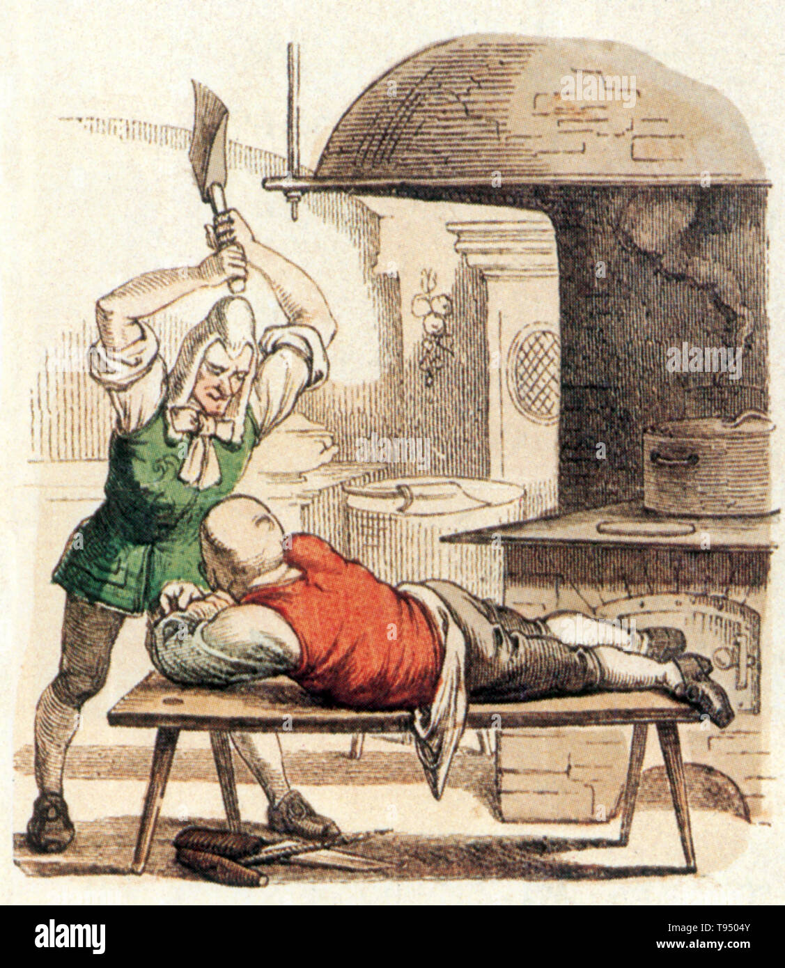 Un 18e siècle quack 'De Wonderdokter" néerlandaise avec Fop, texte illustré par Hermann Van der Moolen. 'De van Zijne Majesteit kok avait erge pijn in 't hoofd, rencontre bijlslag eenen ik heb hem alle pijn. beroofd' (le roi de Sa Majesté avait de sérieuses douleurs dans la tête, avec une hache, je l'avait volé de toutes les douleurs.) charlatanisme est la promotion de pratiques médicales non éprouvées ou frauduleux. Banque D'Images