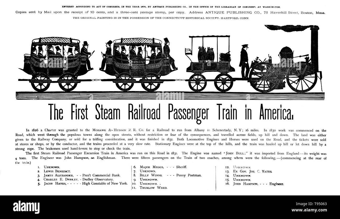 Les Mohawks et Hudson Railroad a été le premier chemin de fer construit à New York et l'un des premiers chemins de fer aux États-Unis. Il a été ainsi nommé parce qu'il a lié la rivière Mohawk à Schenectady avec la rivière Hudson, à Albany. Elle a été conçue comme un moyen de permettre aux passagers d'Erie Canal de dérivation rapidement les nombreux détours Cohoes Falls via des trains à vapeur. Le DeWitt Clinton, locomotive construite par la Fonderie de West Point à New York, a fait son premier test le 2 juillet 1831. Banque D'Images