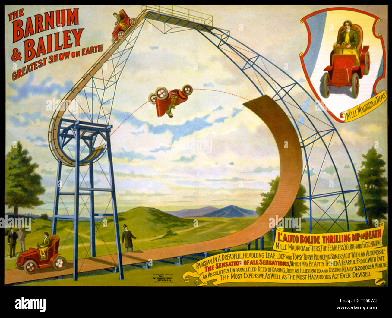 Le Barnum et Bailey plus grand spectacle sur terre. L'Auto le bolide de la mort. dip palpitante M'lle Mauricia de niveaux, sans peur, jeune et fascinante, parisien dans un horrible, la tête la leap, boucle et Topsy Turvy somersault plongeant avec une automobile, la sensation de toutes les sensations, ce qui peut être appelé à juste titre une peur s'ébattre avec le destin, un acte d'audace inégalée absolument, tout comme illustré et un coût de près de 2 000 $. Banque D'Images Le Barnum et Bailey plus grand spectacle sur terre. L'Auto le bolide de la mort. dip palpitante M'lle Mauricia de niveaux, sans peur, jeune et fascinante, parisien dans un horrible, la tête la leap, boucle et Topsy Turvy somersault plongeant avec une automobile, la sensation de toutes les sensations, ce qui peut être appelé à juste titre une peur s'ébattre avec le destin, un acte d'audace inégalée absolument, tout comme illustré et un coût de près de 2 000 $. Banque D'Images