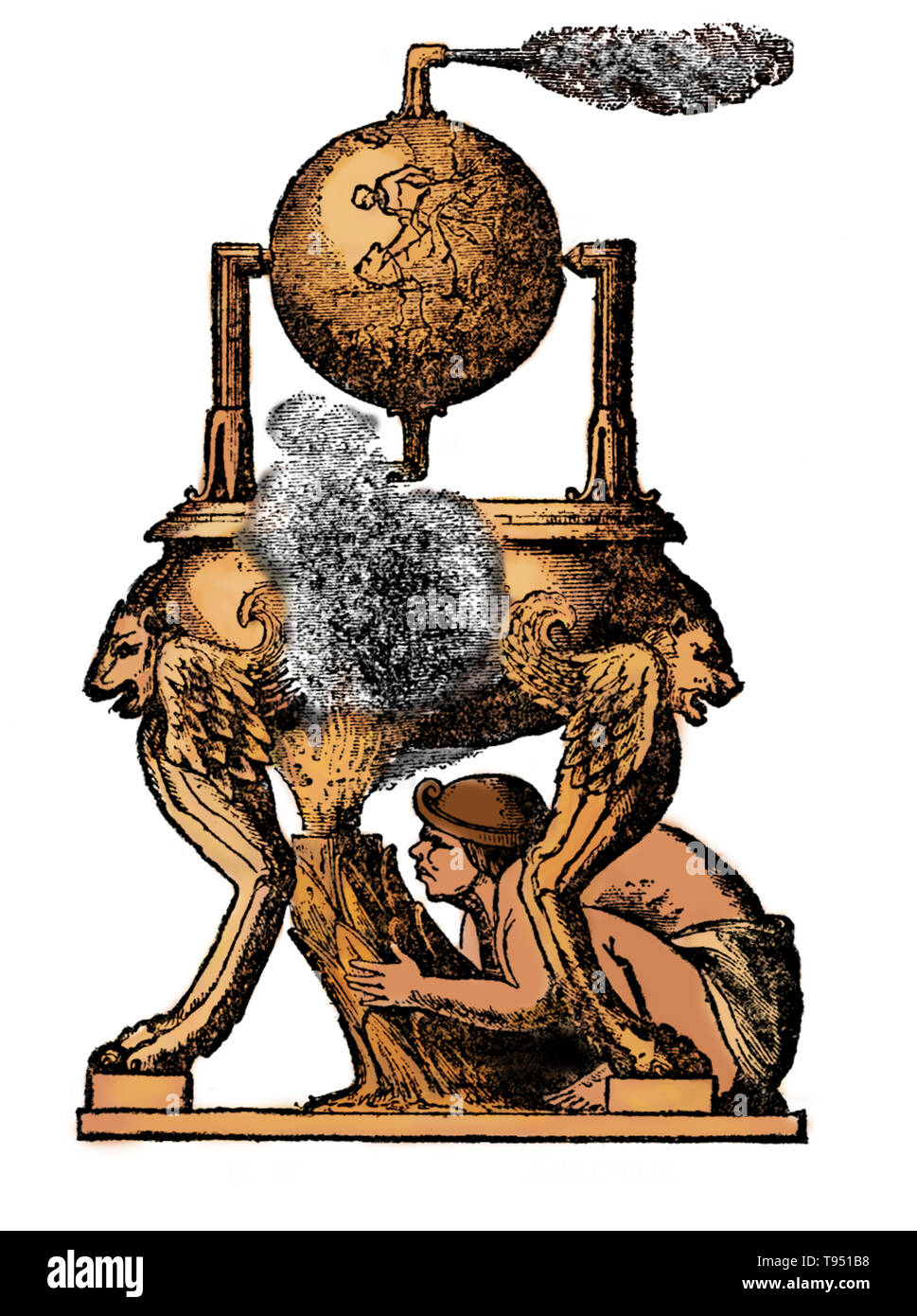Au premier siècle après un héros grec inventeur connu sous le nom d'Alexandrie a proposé une nouvelle invention qui dépend davantage de l'interaction mécanique de la chaleur et de l'eau. Il a inventé une fusée-comme le dispositif appelé un aeolipile, également connu sous le moteur du héros. Il a utilisé pour la propulsion à vapeur. Hero monté une sphère sur le dessus d'une bouilloire. Un feu en dessous de la bouilloire transformé l'eau en vapeur, et le gaz s'est rendu dans les tuyaux de la sphère. Banque D'Images
