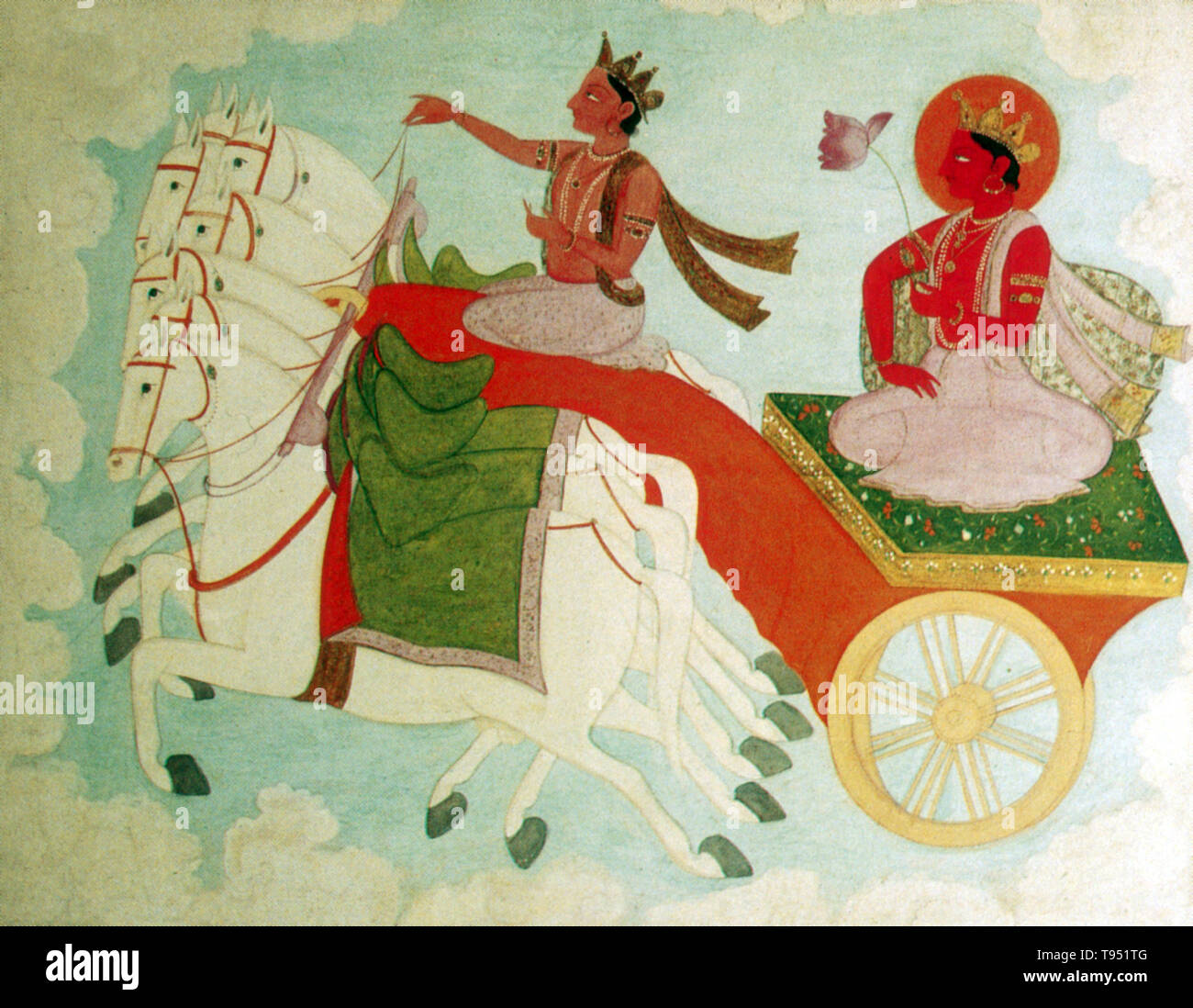 Dans la mythologie hindoue et écritures, Aruná ou Aru est une personnification de la lueur rougeâtre du soleil levant, qui est soupçonné d'avoir des pouvoirs spirituels. La présence d'Aruná, la venue du jour, est invoqué dans les prières à Surya. Aruná est parfois considéré comme une partie de Surya, comme il est la vision et le moteur de son chemin à travers le ciel. Dans certaines histoires, Aruná entraîne le char de Surya, tandis que dans d'autres, il est une manifestation de Surya, agissant comme un signe de la venue du soleil. Banque D'Images