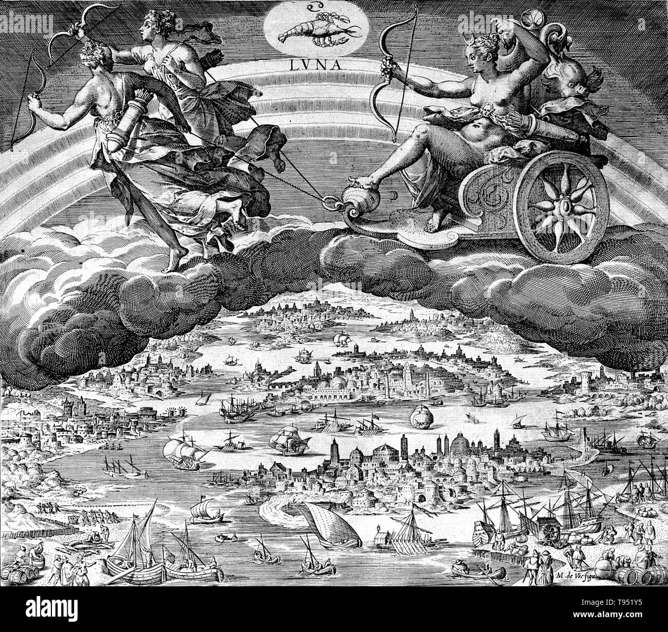 La lune dans son chariot, école dans le ciel. Dans l'ancienne religion romaine et mythe, Luna est l'incarnation divine de la Lune (Latin luna ; cf. 'Anglais' lunaire). Elle est souvent présentée comme le complément féminin du Soleil (Sol) conçue comme un dieu. Luna est aussi parfois représenté comme un aspect de la triple déesse romaine (diva triformis ), avec Proserpine et d'Hécate. Banque D'Images