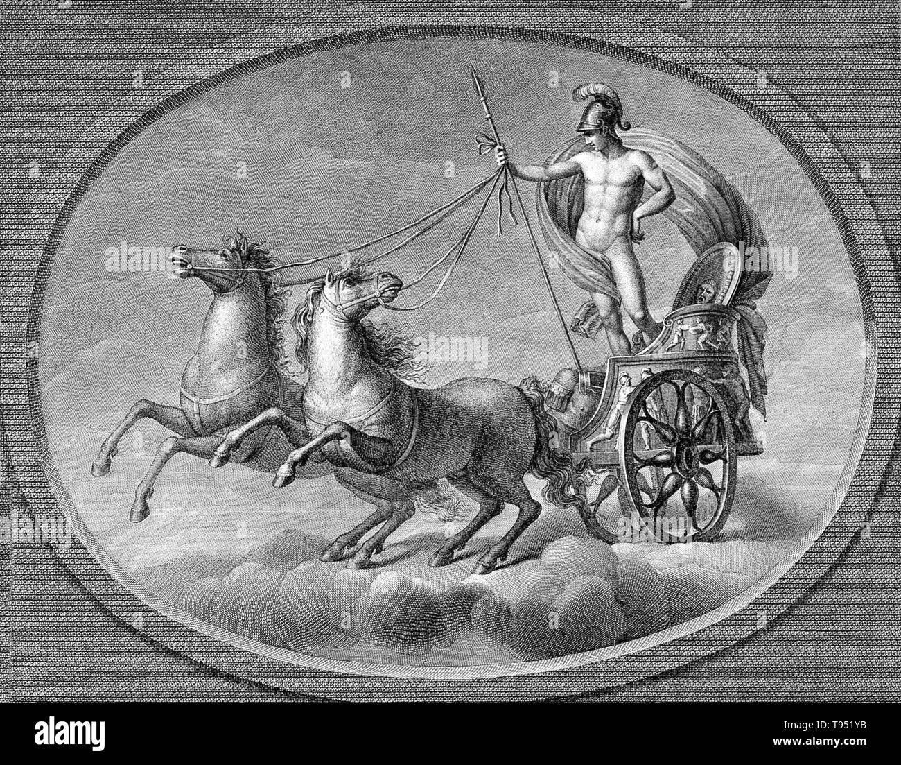 Mars avec son épée, dans son char. Mars était le dieu romain de la guerre et aussi un gardien de l'agriculture, une combinaison caractéristique de début de Rome. Il a été deuxième en importance qu'à Jupiter, et il était le plus important de l'armée des dieux adorés par les légions romaines. Ses festivals ont eu lieu en mars, le mois qui porte son nom (Latin Martius) et, en octobre, qui a commencé et terminé la saison de campagne militaire et l'agriculture. Banque D'Images Mars avec son épée, dans son char. Mars était le dieu romain de la guerre et aussi un gardien de l'agriculture, une combinaison caractéristique de début de Rome. Il a été deuxième en importance qu'à Jupiter, et il était le plus important de l'armée des dieux adorés par les légions romaines. Ses festivals ont eu lieu en mars, le mois qui porte son nom (Latin Martius) et, en octobre, qui a commencé et terminé la saison de campagne militaire et l'agriculture. Banque D'Images