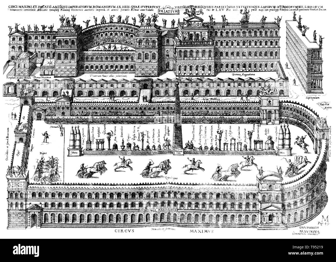 Le Circus Maximus est un ancien stade de courses de char romain et lieu de divertissement de masse situé à Rome, Italie. Situé dans la vallée entre l'Aventin et Palatine hills, il a été le premier et le plus grand stade dans la Rome antique et plus tard son Empire. Il mesurait 2 037 pieds de longueur et 387 pieds de large et pouvait accueillir plus de 150 000 spectateurs. Dans sa forme pleinement développée, il est devenu le modèle pour les cirques dans tout l'Empire romain. Banque D'Images