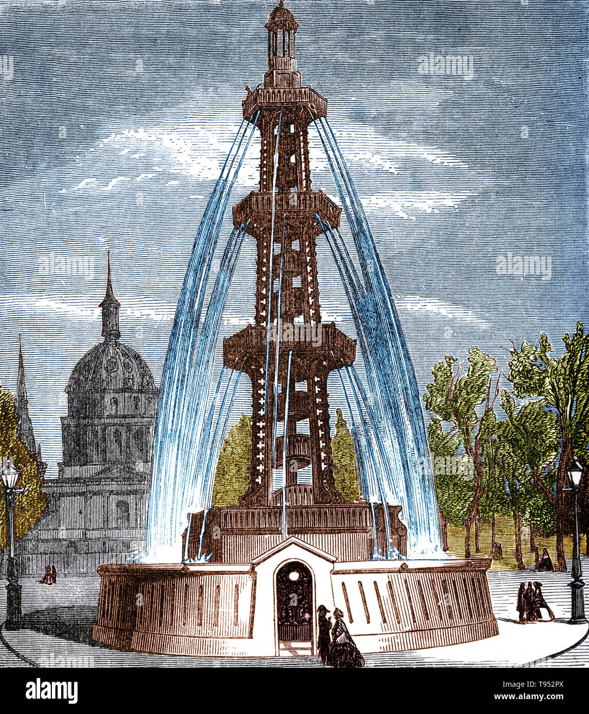 Le forage a débuté en décembre 1833 et enfin, à une profondeur de près de 1 800 pieds, la plate-rod a franchi le passage rocheux au-dessus de l'aquifère souterrain, et l'eau jaillit à travers les tuyaux dans le bien en 1841. L'eau nécessaire pour être contenue et raccordée à un réservoir d'où il pourrait être distribué aux autres parties de Paris. Le système exigeait un tuyau qui est passé au-dessus de la terre près du bien de laisser l'eau de continuer l'écoulement à une même pression. Banque D'Images