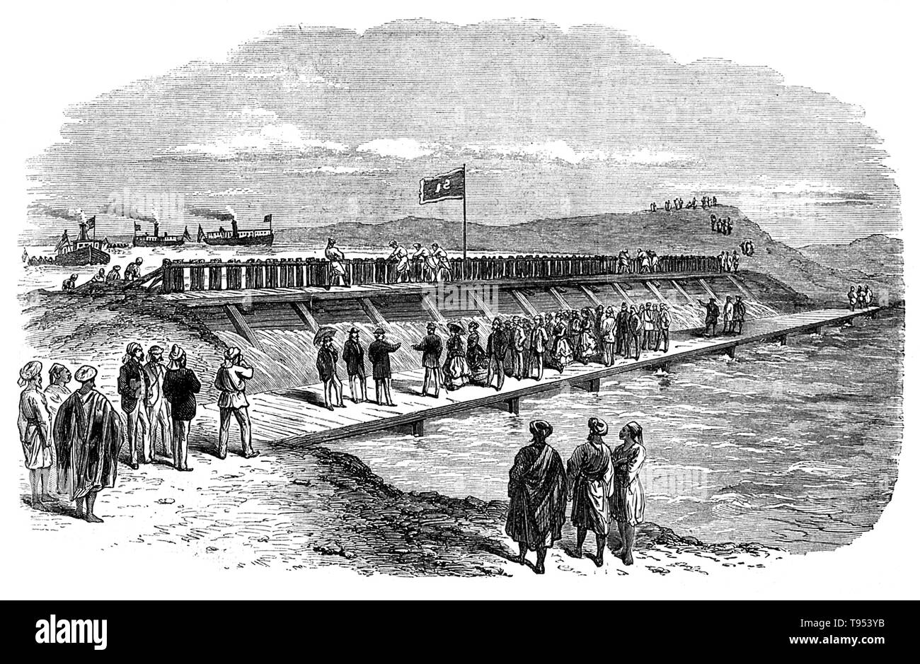 Intitulé : ''Le Prince de laisser les eaux de la Méditerranée vers l'amère lacs.'' Le Canal de Suez est une voie navigable artificielle du niveau de la mer en Egypte, reliant la mer Méditerranée à la mer Rouge par l'isthme de Suez. Ferdinand de Lesseps a obtenu une concession de Sa'id Pacha, le Khédive d'Egypte et du Soudan, pour créer une entreprise de construire un canal ouvert aux navires de toutes les nations. Banque D'Images