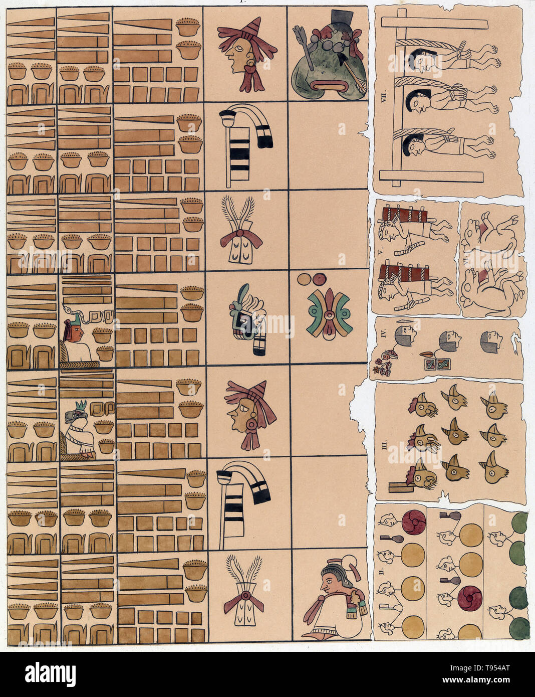L'écriture pictographique aztèque est un pré-colombienne et idéographiques avec système d'écriture syllabique logogrammes et certains signes. La culture aztèque, également connu sous le nom de culture Mexicas, était une culture méso-américaine qui ont fleuri dans le centre du Mexique dans l'après-période classique de 1300 à 1521. La plupart des codex aztèques ont été brûlées par tlatoani aztèque (empereurs) pour des raisons idéologiques, ou par le clergé espagnol après la conquête de l'Amérique centrale. Codices Aztèques restants comme le Codex Mendoza, le Codex Borbonicus, et le Codex Osuna étaient écrits sur deer masquer et de fibres végétales. Banque D'Images