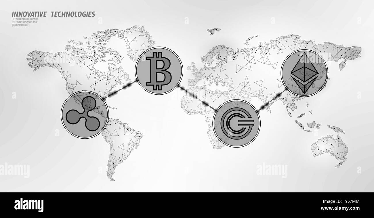 Blockchain cryptocurrency international mondial. Carte du monde moderne  poly faible avenir finances voyage design. Triangle polygonale ondulation  ethereum bitcoin Image Vectorielle Stock - Alamy