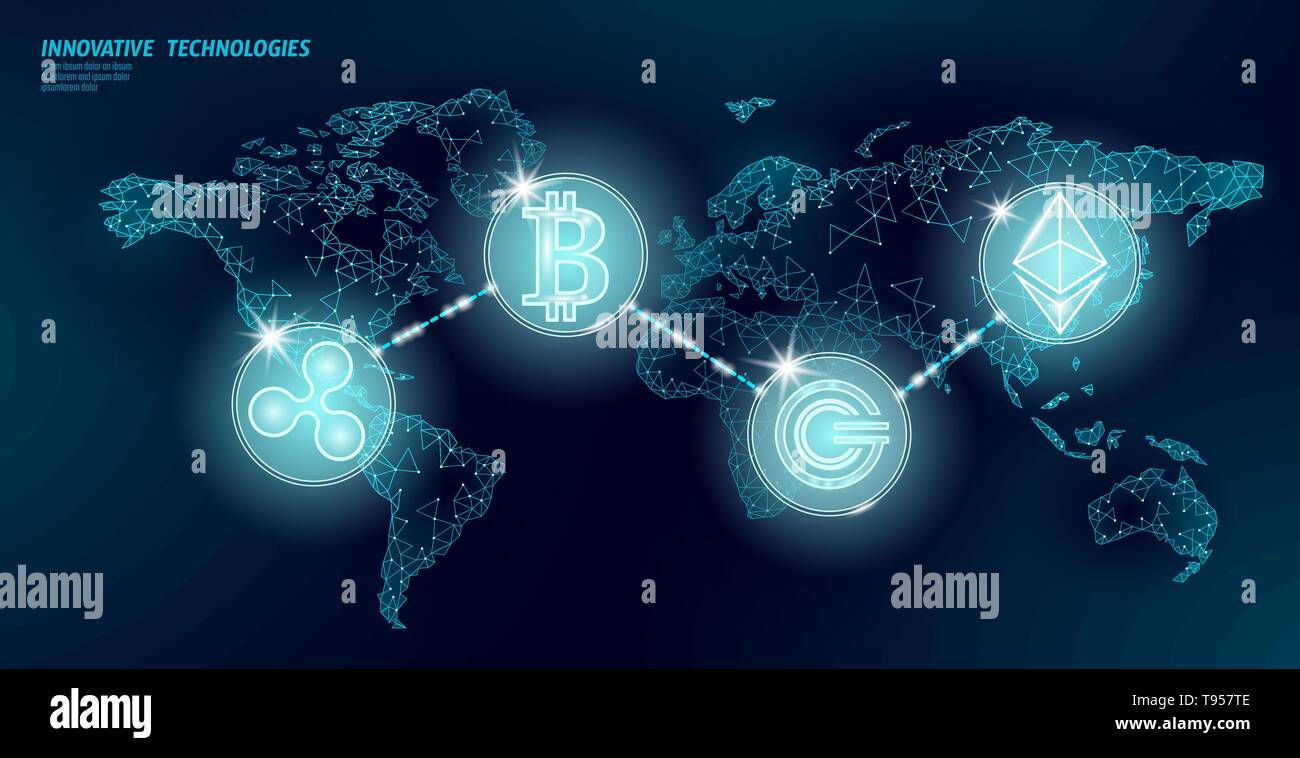 Blockchain cryptocurrency international mondial. Carte du monde moderne  poly faible avenir finances voyage design. Triangle polygonale ondulation  ethereum bitcoin Image Vectorielle Stock - Alamy