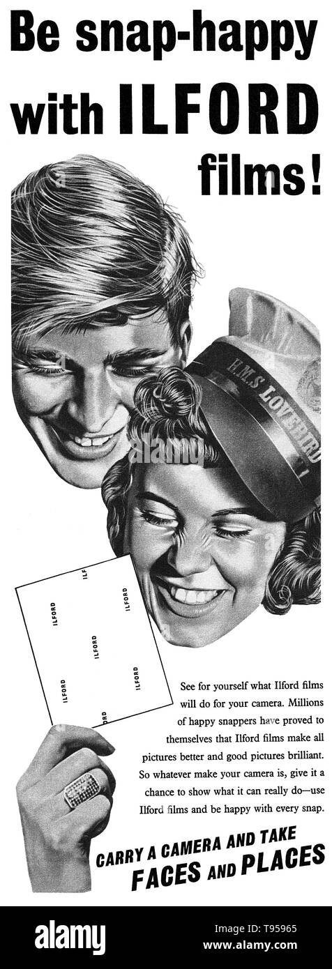 1958 La publicité pour l'appareil photo d'Ilford film. Banque D'Images