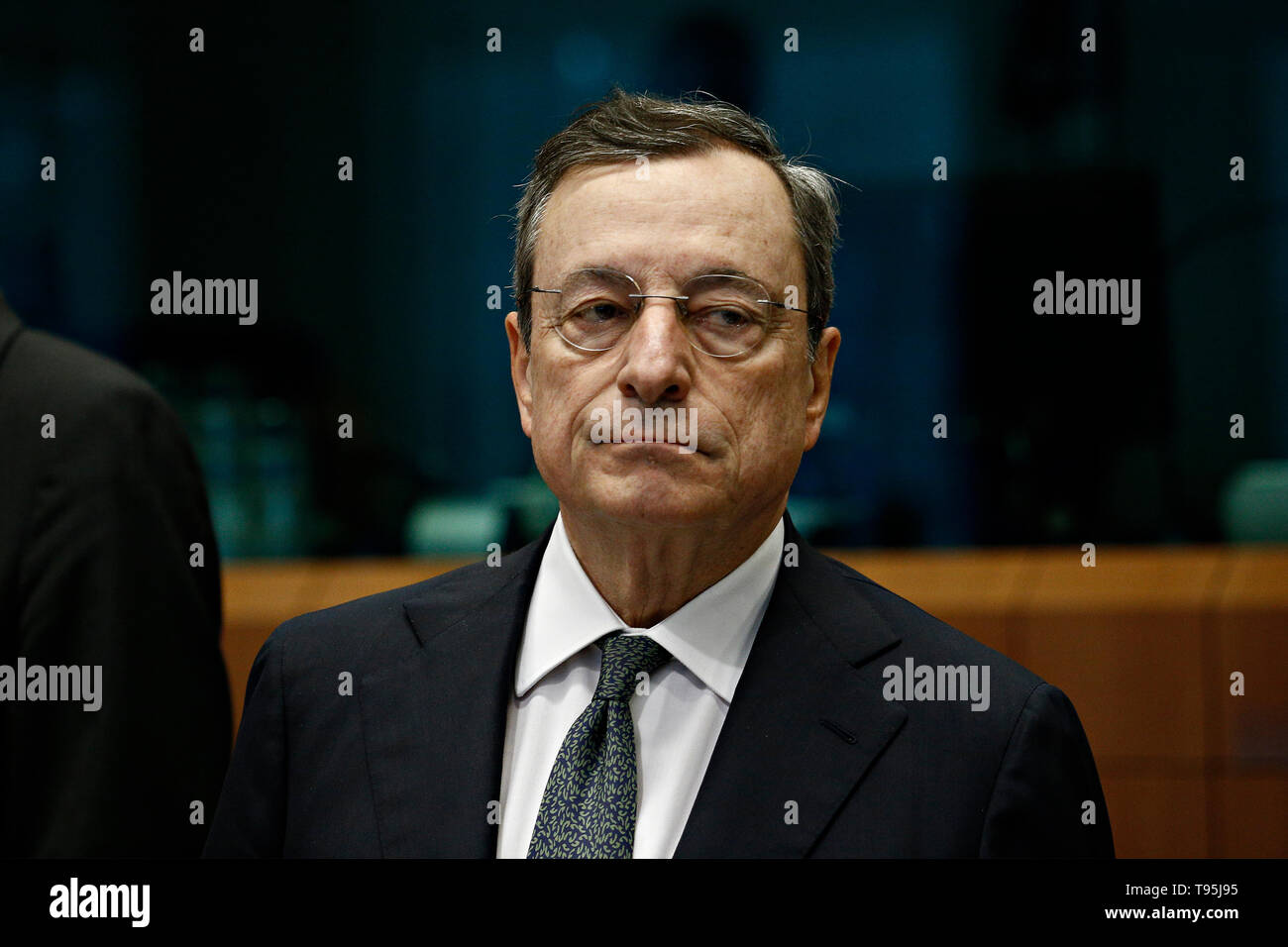 Bruxelles, Belgique. 16 mai 2019. Le président de la Banque centrale européenne, Mario Draghi arrive à assister à la réunion des ministres des Finances de l'Eurogroupe. Credit : ALEXANDROS MICHAILIDIS/Alamy Live News Banque D'Images