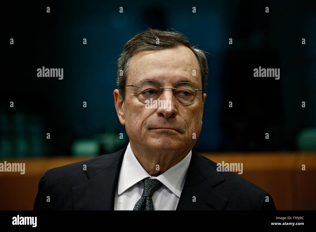 Bruxelles, Belgique. 16 mai 2019. Le président de la Banque centrale européenne, Mario Draghi arrive à assister à la réunion des ministres des Finances de l'Eurogroupe. Credit : ALEXANDROS MICHAILIDIS/Alamy Live News Banque D'Images