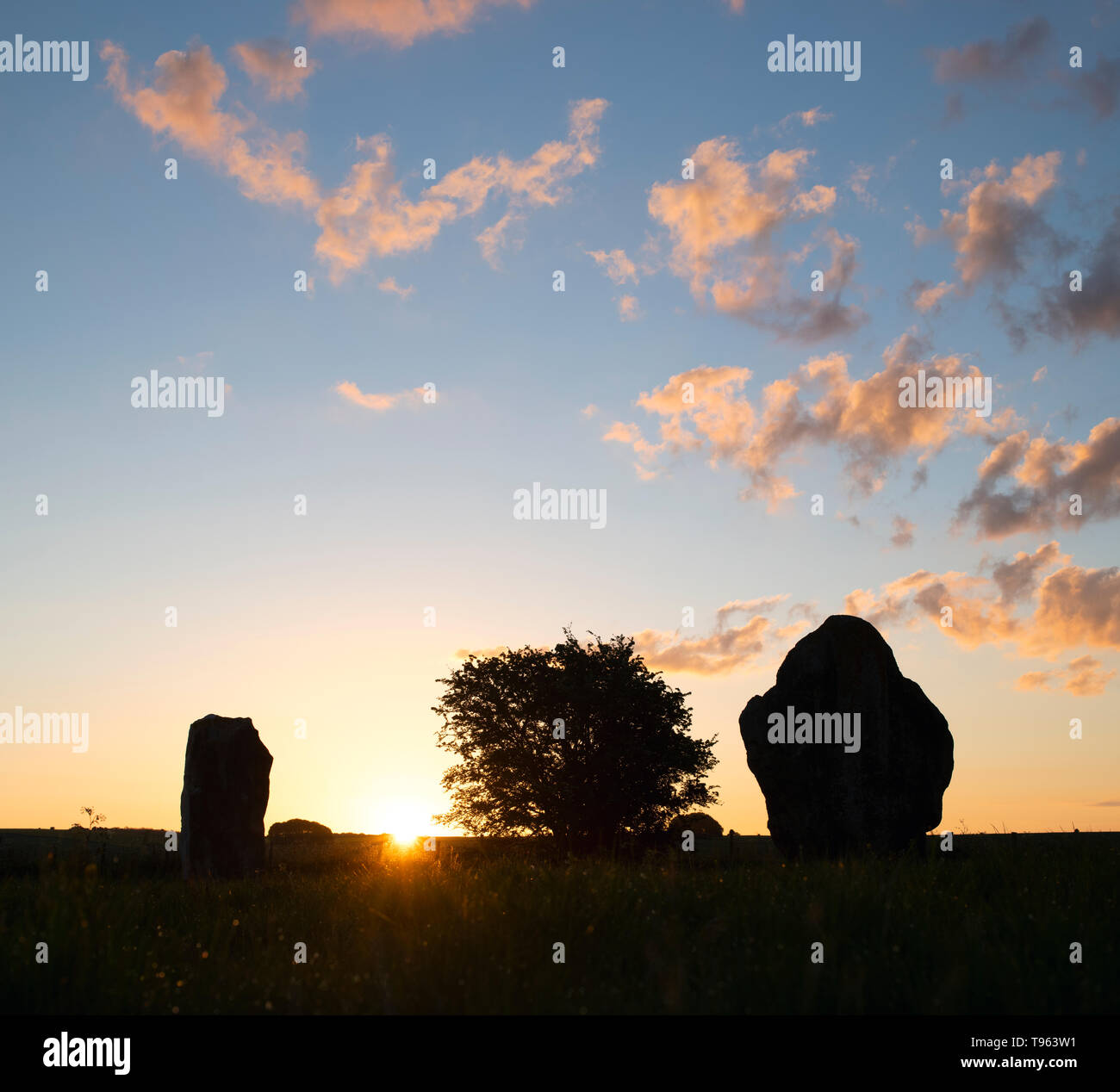 West Kennet Avenue des pierres à Avebury Stone Circle au printemps au lever du soleil. Avebury, Wiltshire, Angleterre. Silhouette Banque D'Images