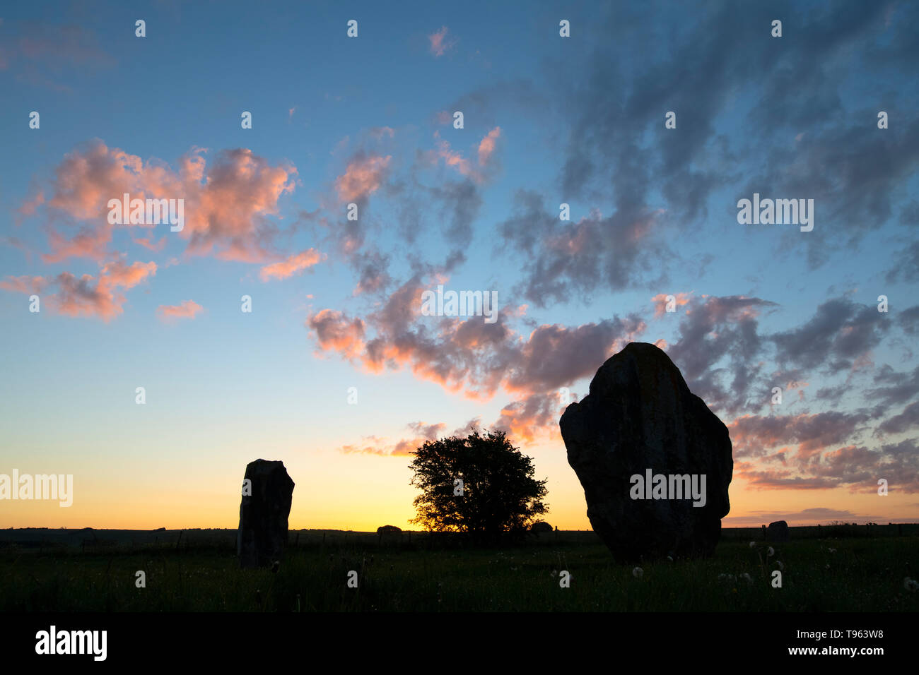 West Kennet Avenue des pierres à Avebury Stone Circle au printemps au lever du soleil. Avebury, Wiltshire, Angleterre. Silhouette Banque D'Images
