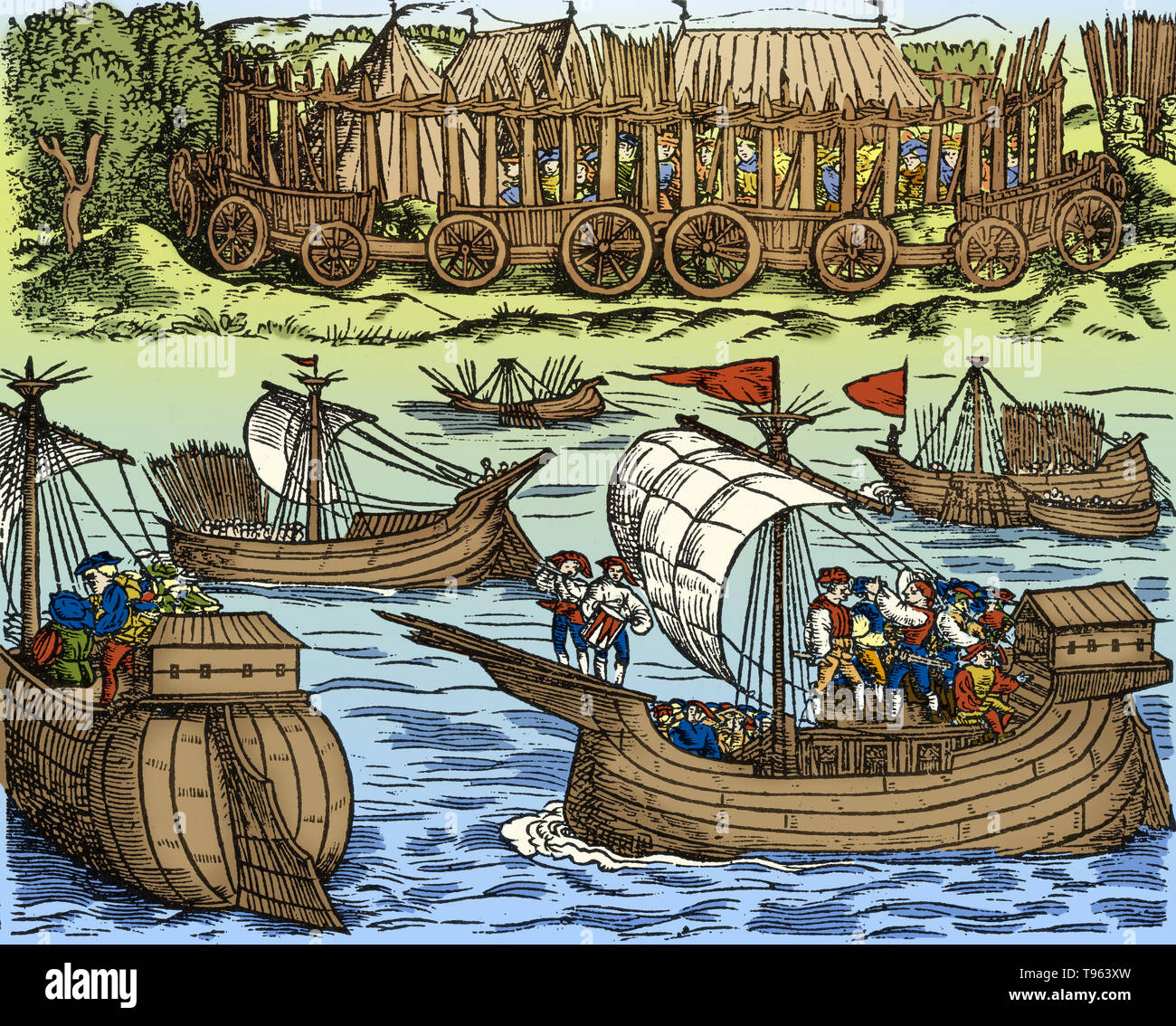 Gravure sur bois d'Historien vom Gallier und der Romer, publié à Mayence en 1530 montrant la Tamise à Jules César. Dans sa Guerre des Gaules, Jules César a envahi la Grande-Bretagne à deux reprises, en 55 et 54 AV. La deuxième a eu plus de succès, la mise en place d'un roi, Mandubracius, et forçant la présentation de son rival, Cassivellaunos, bien qu'aucun territoire a été conquis et maintenu de Rome. Gaius Julius César (100-44 av. J.-C.) était un général et homme d'état Romain. Banque D'Images