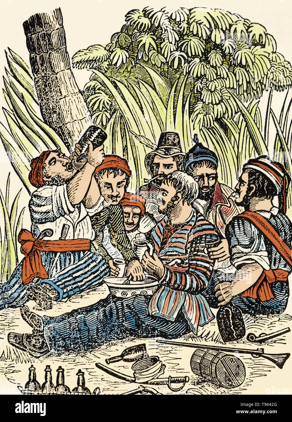 Bartholomew Roberts' crew boire du rhum à la rivière Calabar en Afrique de l'Ouest. Bartholomew Roberts (1682-1722) était un pirate qui ont attaqué des navires au large du nord et l'Afrique de l'Ouest entre 1719 et 1722. Il a été la plus réussie de pirate l'âge d'or de la piraterie, telle que mesurée par les navires capturés, prenant plus de 470 prix dans sa carrière. Il est également connu sous le nom de Black Bart. En 1723, Roberts avait capturé le Neptune, et beaucoup de son équipage étaient ivres et inapte au travail alors qu'il en avaient le plus besoin. Banque D'Images