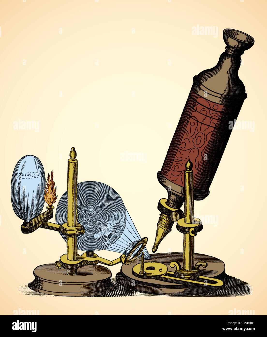 La main, le cuir et or estampée à Robert Hooke microscope utilisé pour faire les observations de Micrographia (1665), a été construite par Christopher White à Londres. Le microscope partage plusieurs caractéristiques communes avec des télescopes de l'époque : une œillère de maintenir la bonne distance entre l'œil et de l'oculaire, séparer les tubes de tirage pour concentrer, et un joint à rotule pour incliner le corps. Banque D'Images