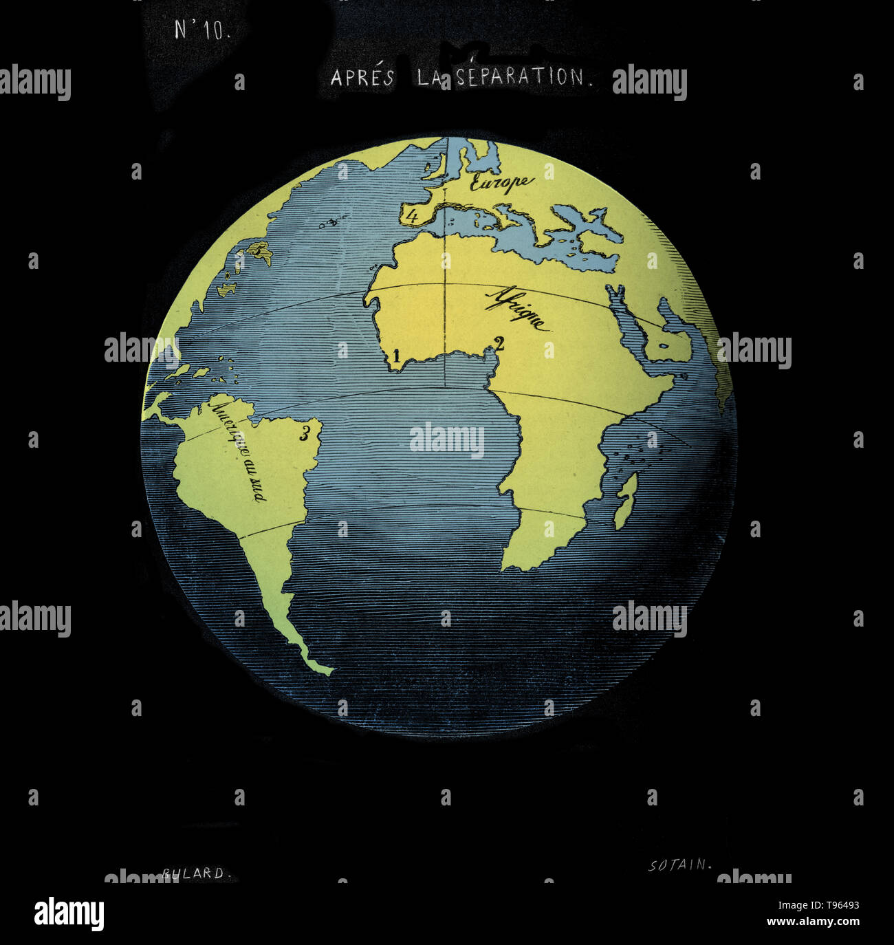 Snider-Pellegrini théorie géologique. La carte des continents avant leur séparation, tel que décrit en 1858 par le géographe français Antonio Snider-Pellegrini. La carte montre la façon dont la côte des Amériques s'inscrit ceux de l'Europe et l'Afrique. La théorie de Snider-Pellegrini est que les continents ont été créés par Dieu dans cette forme, et ont ensuite été séparés par une explosion volcanique, le sixième jour de la création. Banque D'Images