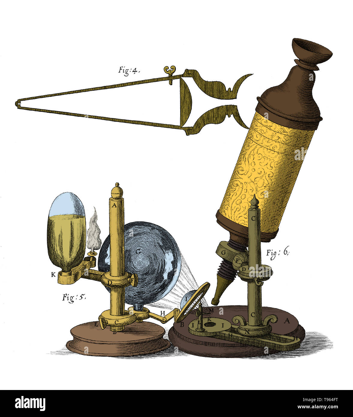 La main, le cuir et or estampée à Robert Hooke microscope utilisé pour faire les observations de Micrographia (1665), a été construite par Christopher White à Londres. Le microscope partage plusieurs caractéristiques communes avec des télescopes de l'époque : une œillère de maintenir la bonne distance entre l'œil et de l'oculaire, séparer les tubes de tirage pour concentrer, et un joint à rotule pour incliner le corps. Banque D'Images