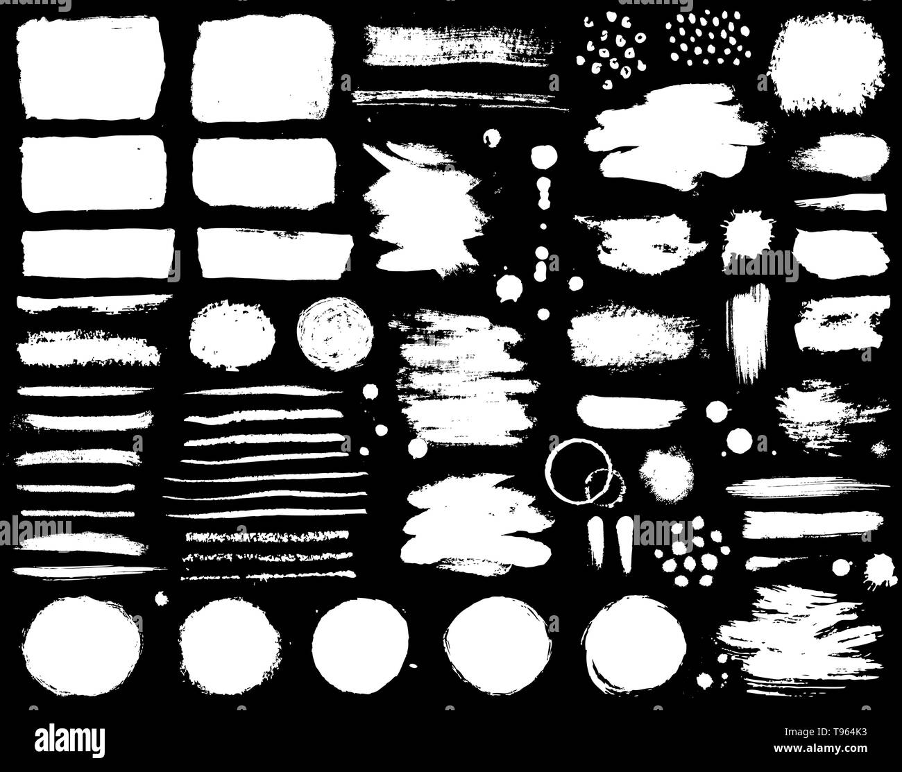 Les coups de pinceau de peinture et les taches d'encre isolé sur fond noir. Ensemble de vecteur conception grunge texture pinceau pour l'élément, Cadre, contexte, la bannière Illustration de Vecteur