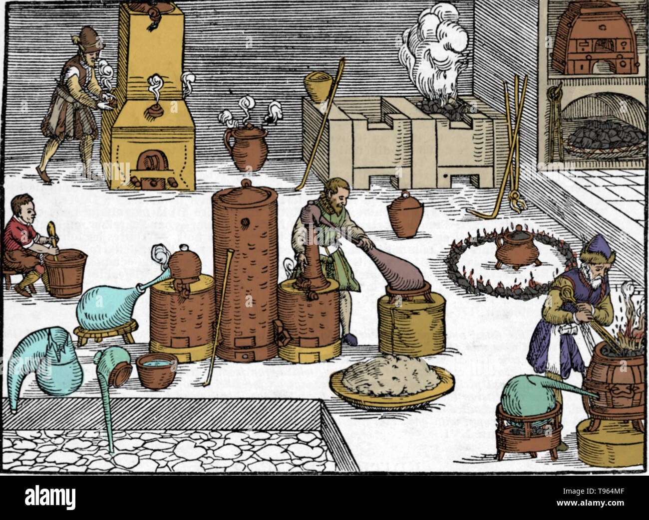 Un laboratoire à partir de 1580. En chimie, la distillation signifie la séparation des constituants d'un liquide en la faisant bouillir puis condensation la vapeur qui en résulte. La distillation peut être utilisé pour purifier l'eau ou d'autres substances, ou pour supprimer un composant d'un mélange complexe, comme lorsque l'essence est distillée à partir de pétrole brut ou de l'alcool à partir d'une purée. Lorsque l'eau est purifié par distillation, il est bouilli dans un récipient, et la vapeur est envoyée dans les tuyaux de refroidissement. Banque D'Images