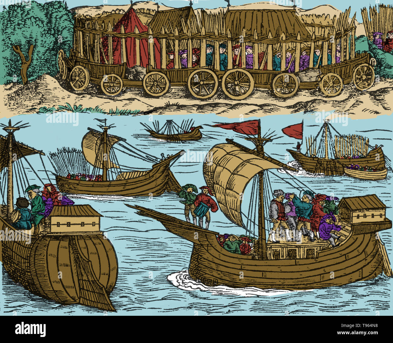 Gravure sur bois d'Historien vom Gallier und der Romer, publié à Mayence en 1530 montrant la Tamise à Jules César. Dans sa Guerre des Gaules, Jules César a envahi la Grande-Bretagne à deux reprises, en 55 et 54 AV. La deuxième a eu plus de succès, la mise en place d'un roi, Mandubracius, et forçant la présentation de son rival, Cassivellaunos, bien qu'aucun territoire a été conquis et maintenu de Rome. Gaius Julius César (100-44 av. J.-C.) était un général et homme d'état Romain. Banque D'Images