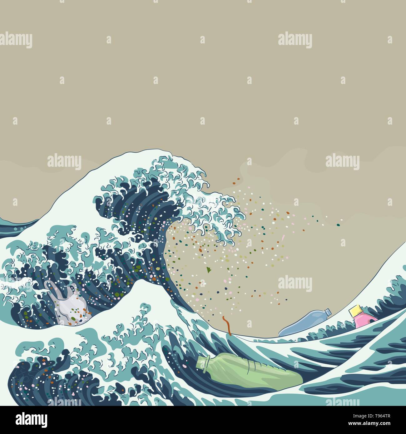 Concept de la pollution plastique aquatiques. Grande Vague d'microplastic, style gravure sur bois japonaise vector illustration Illustration de Vecteur