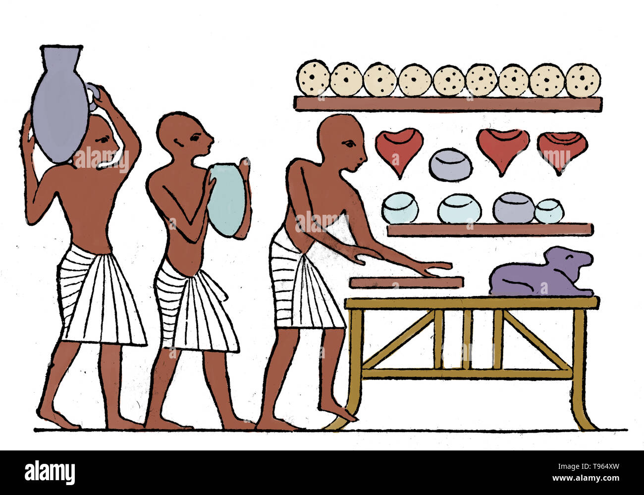 La cuisine de l'Égypte ancienne couvre une période de plus de trois mille ans, mais toujours conservé de nombreux traits uniformes jusqu'à l'époque gréco-romaine. Les agrafes des deux Égyptiens étaient pauvres et riches du pain et de la bière, souvent accompagnée d'oignons, vert-filmé d'autres légumes, et dans une moindre mesure, la viande de gibier et de poisson. La nourriture pourrait être préparé par l'étuvée, la cuisson, d'ébullition, la cuisson, la friture, ou grillage. Banque D'Images