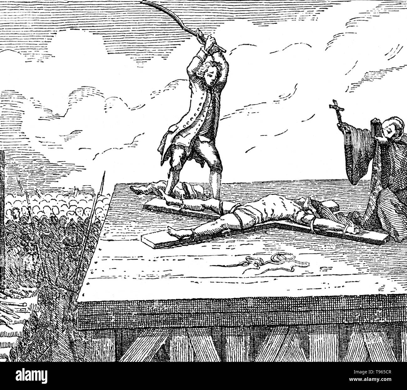 La roue, également connu sous le nom de Catherine wheel ou simplement la roue, la torture était un dispositif utilisé pour la peine de mort de l'antiquité jusqu'au début de l'époque moderne pour l'exécution publique en brisant l'os du criminel/avoir frappé à mort. Antoine François Desrues (1744 - 1777) était un empoisonneur français. Il se rendit à Paris pour chercher fortune, et a commencé dans les affaires comme un épicier. Il était connu comme un homme de grande piété et de dévotion, et son entreprise était réputée pour être une cité florissante. Banque D'Images