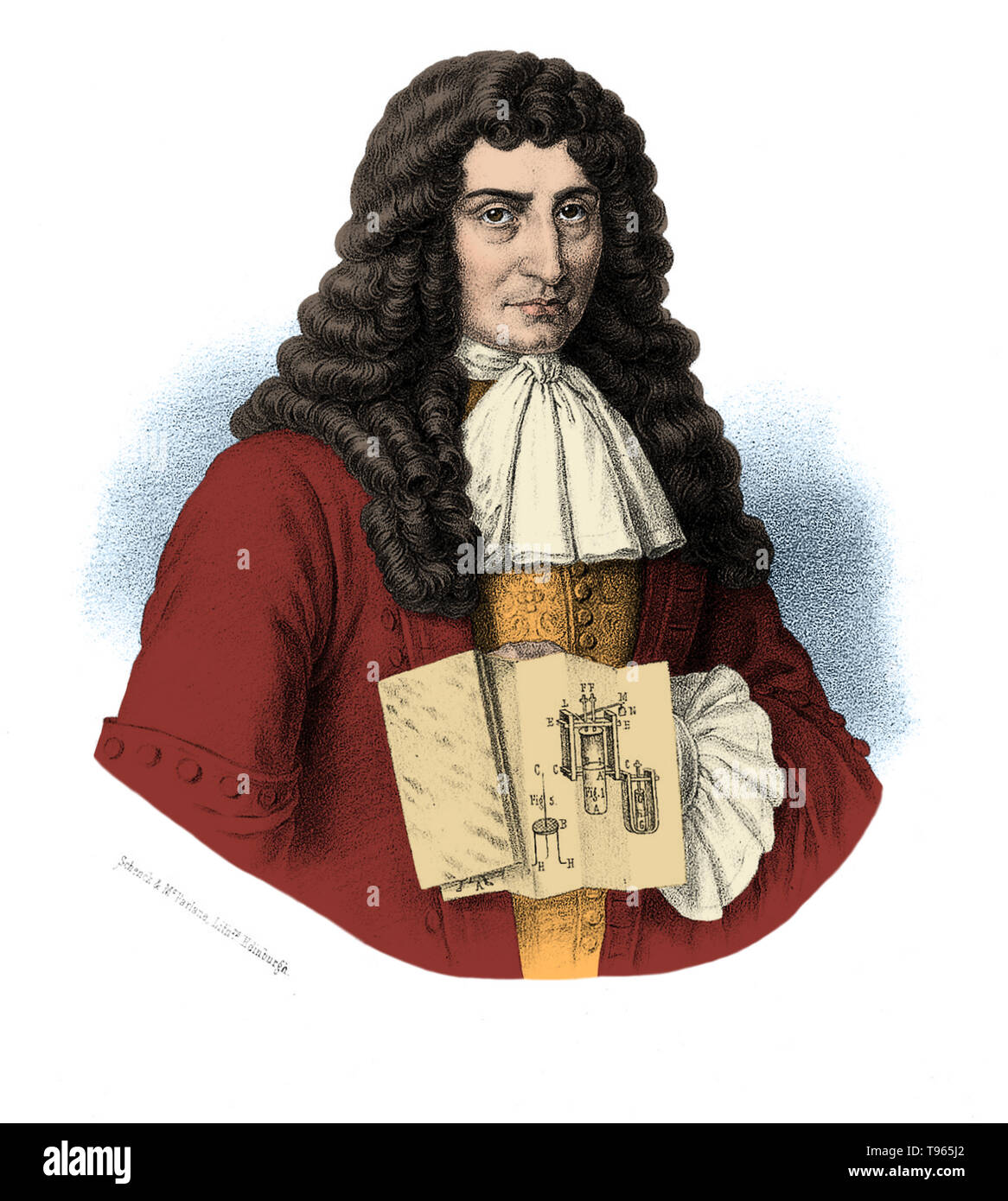 Lithographie couleur de Papin amélioré tenant un diagramme d'un moteur à vapeur, 1689. Denis Papin (22 août 1647 - 1712) était un physicien, mathématicien et inventeur. Il a travaillé avec Robert Boyle à partir de 1676-79, la publication d'un compte de son travail dans la poursuite de nouvelles expériences (1680). Au cours de cette période, Papin a inventé l'autoclave à vapeur, un type d'autocuiseur d'une soupape de sécurité. Banque D'Images