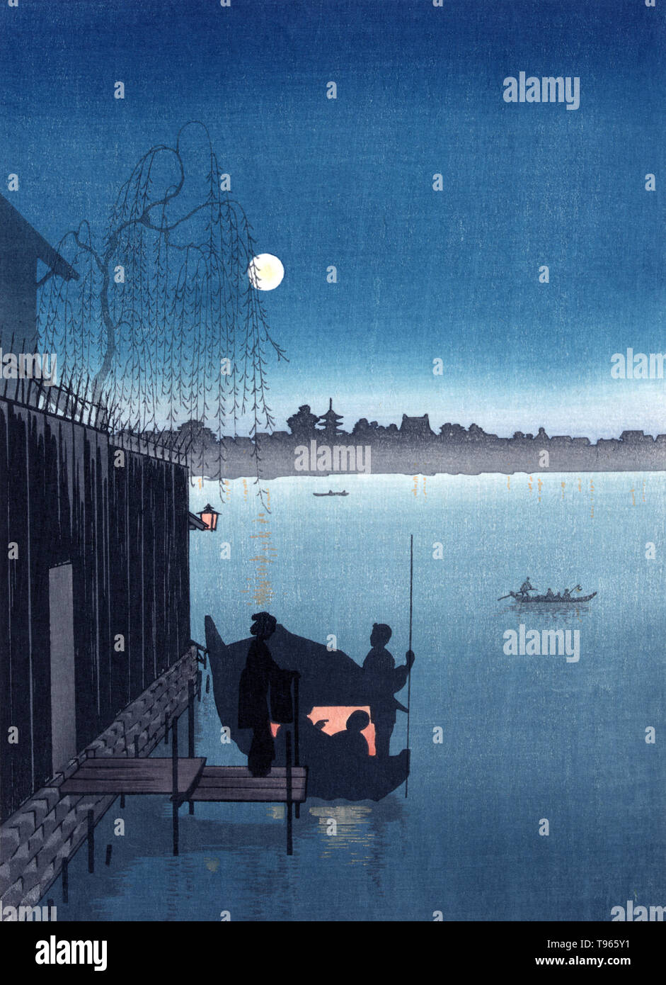Yoru no fukagawa sanbashi. Sanbashi Fukugawa pont dans la nuit. Imprimer montre une personne debout sur un quai attaché à un bâtiment, un petit bateau à passagers à l'arrivée et au départ, sous une pleine lune. Depuis les temps anciens, les Japonais ont envisagé la combinaison de neige, des fleurs, de la lune, et les beautés de la nature. Et non seulement ils ont envisagé de telles scènes, ils ont également accru leur thèmes favorisés pour peintures et poésie. Banque D'Images