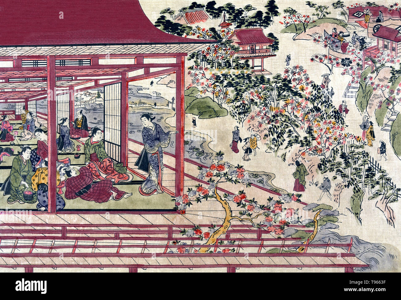 Ikenohata Ueno pas sakura hanami pas de kei. Imprimer montre beaucoup de gens dans un pavillon et dans le parc Ueno affichage des fleurs sur les cerisiers. Une fleur de cerisier (communément connu au Japon comme sakura) est la fleur de l'une de plusieurs arbres du genre Prunus, en particulier les Japonais cerisier, Prunus serrulata. Banque D'Images