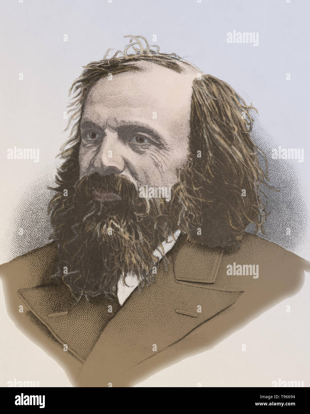 Dmitri Ivanovitch Mendeleïev (8 février 1834 - 2 février 1907) était un chimiste russe, inventeur et crédité comme étant le créateur de la première version du tableau périodique des éléments. En utilisant la table, il a prédit les propriétés des éléments encore à découvrir. En 1863 il y avait 56 éléments connus avec un nouvel élément d'être découvert à un taux d'environ un par an. Banque D'Images