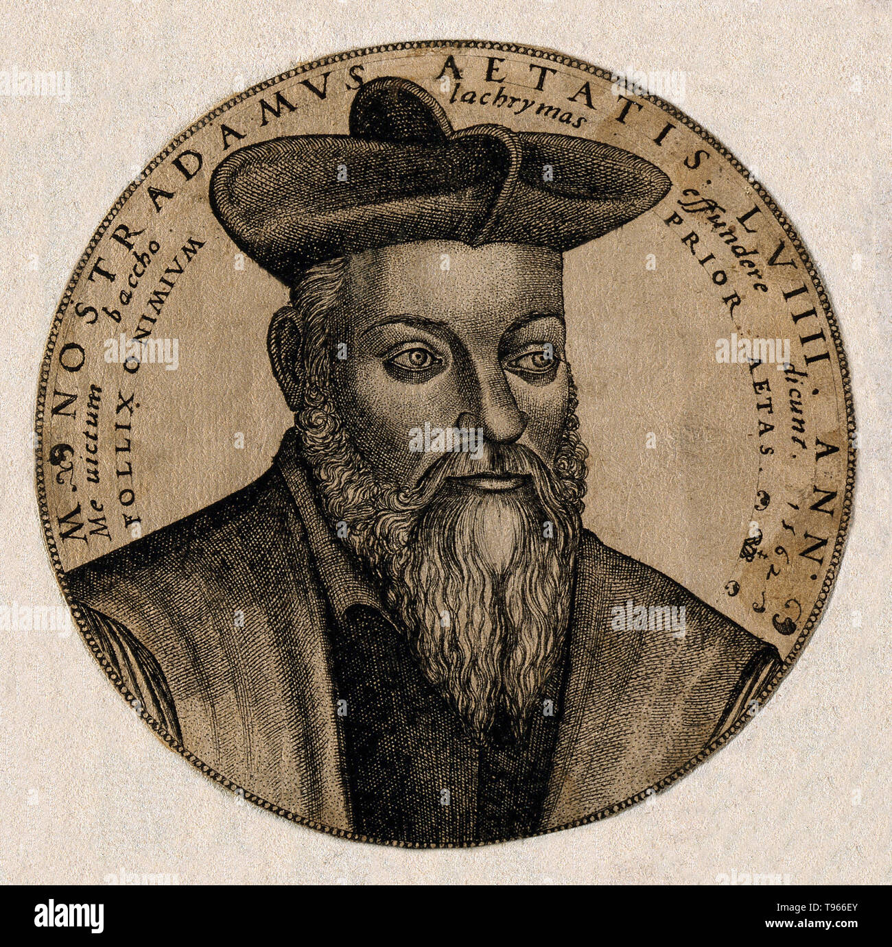 Michel de Nostredame dit Nostradamus (14 ou 21 Décembre 1503 - 2 juillet 1566) était un apothicaire français réputé et voyant. Il a écrit un almanach pour 1550 et, en raison de son succès, a continué de les écrire pour les années à venir comme il a commencé à travailler comme un astrologue pour divers riches mécènes. Sa Les Propheties, une collection de 942 quatrains poétiques prédire des événements futurs. Son livre, publié pour la première fois en 1555, a rarement été épuisé depuis sa mort. Banque D'Images