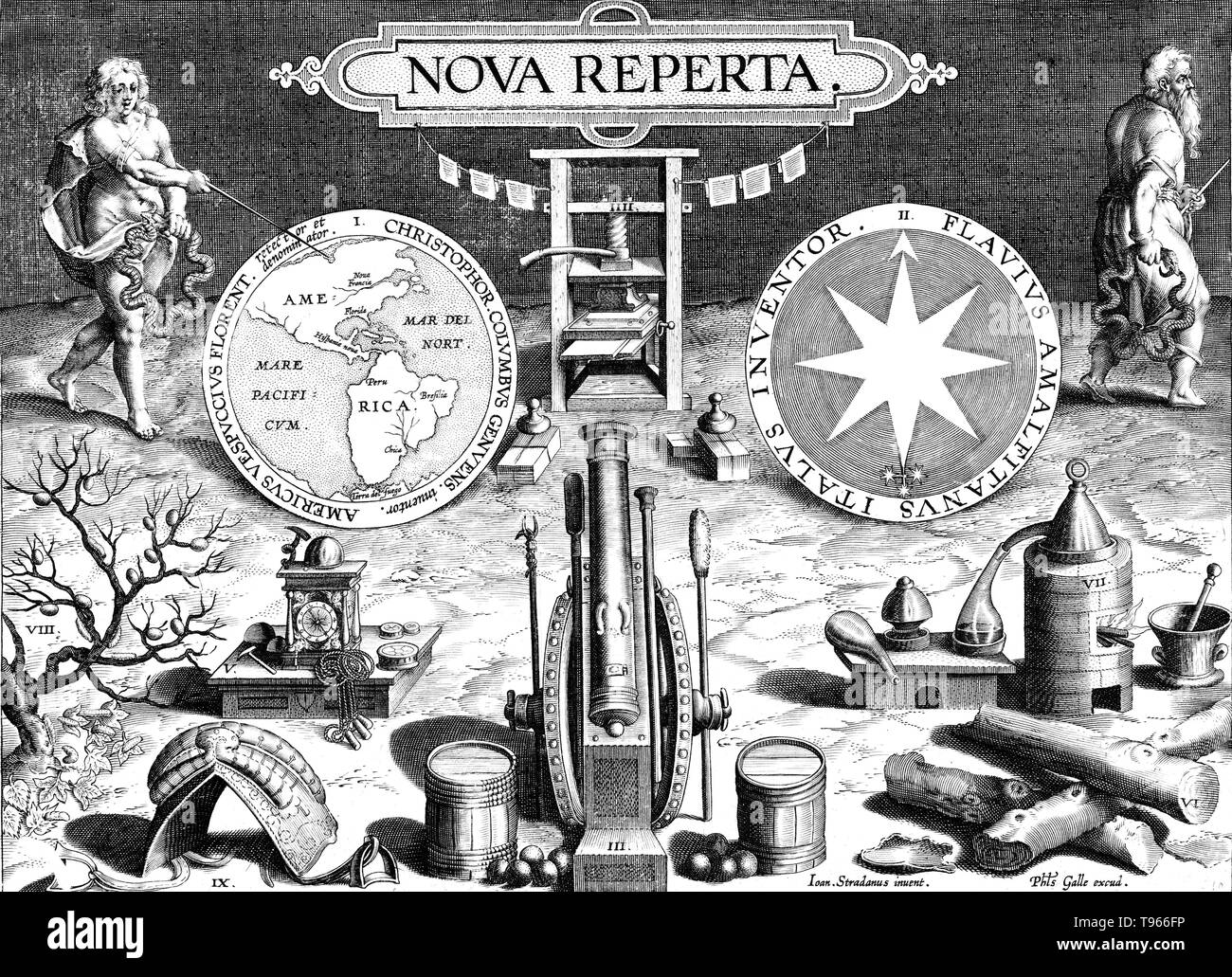 À partir d'une plaque titre imprimer série intitulée Nova Reperta (nouvelles inventions des temps modernes) composé d'une page de titre et 19 planches, gravée par Jan Collaert JE, après Jan van der Straet, appelé Stradanus, et publié par Philips Galle. Le titre est imprimé en haut de la plaque juste au-dessus de l'image d'une presse d'impression. Il y a 2 également médaillons en haut : le médaillon à gauche, montre les continents de l'Amérique latine et d'Afrique, et le médaillon à représente une boussole. Banque D'Images