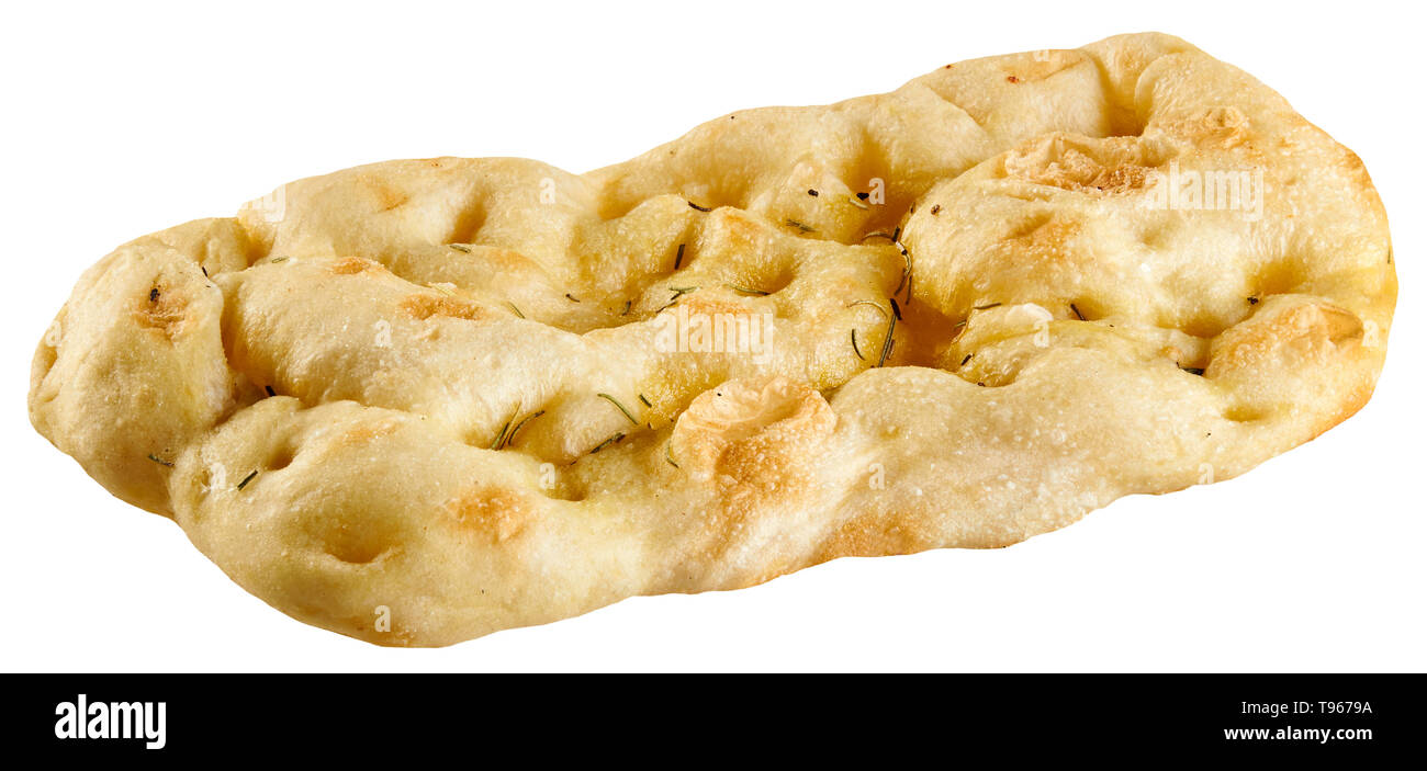 Boulangerie d'or partie de pain plat italien avec assaisonnement romarin isolé sur blanc pour être servi en accompagnement d'un repas Banque D'Images