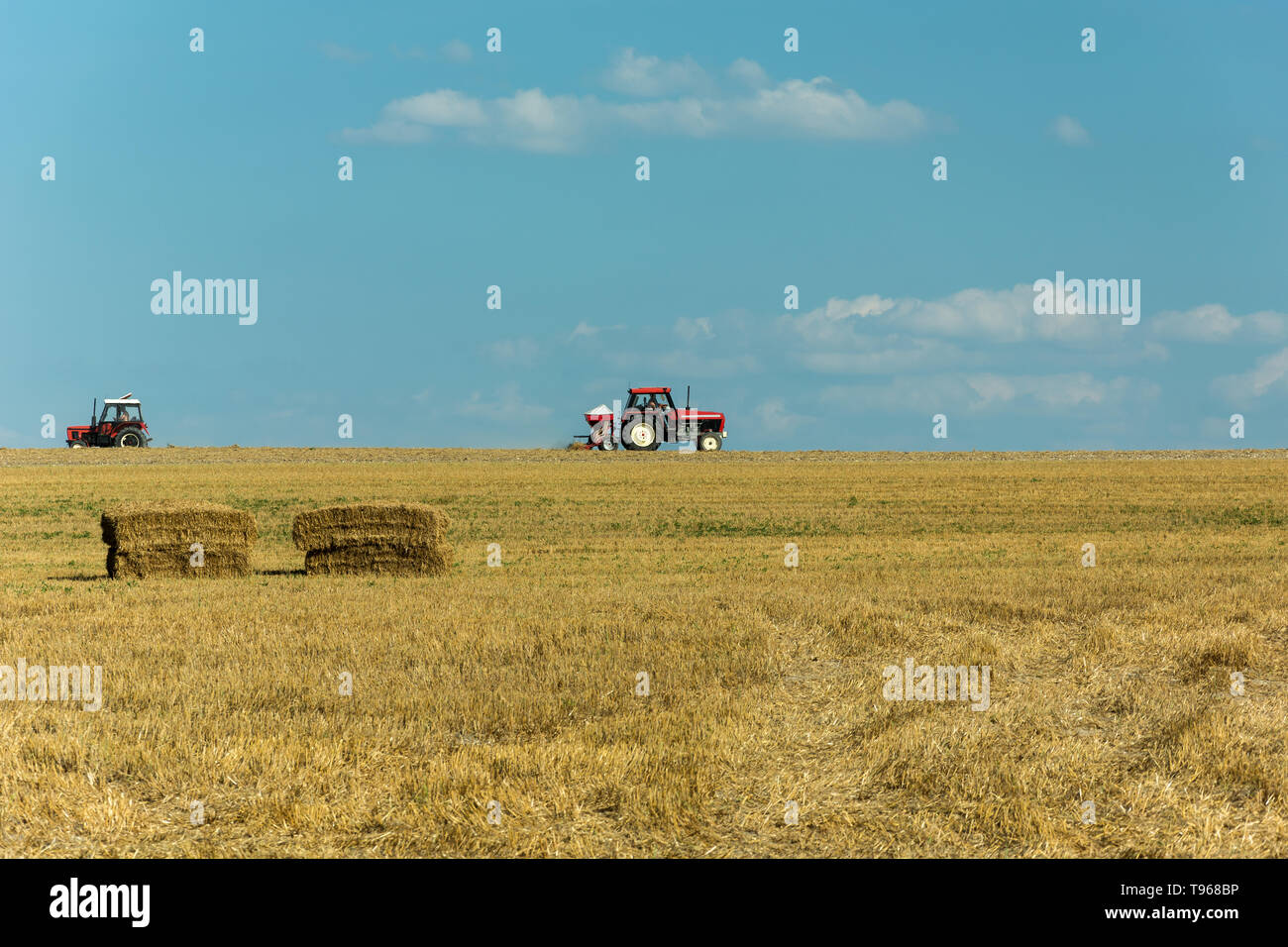 Deux tracteurs la conduite à travers le champ de chaume, horizon et ciel bleu Banque D'Images