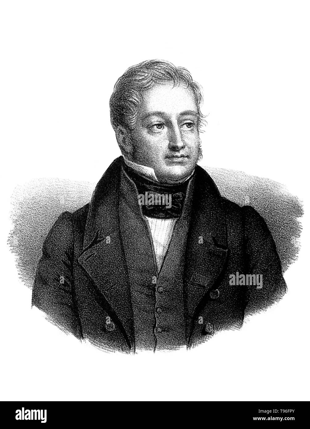 Baron GUILLAUME Dupuytren (5 octobre 1777 - 8 février 1835) était un anatomiste et chirurgien militaire français. Bien qu'il a acquis beaucoup d'estime pour traiter les hémorroïdes de Napoléon Bonaparte, il est connu pour sa description de la maladie de Dupuytren qui porte son nom et qu'il a d'abord exploité sur en 1831 et publiée dans The Lancet en 1834. Il est mort en 1835 à l'âge de 57 ans. Aucun artiste crédité, sans date. Banque D'Images