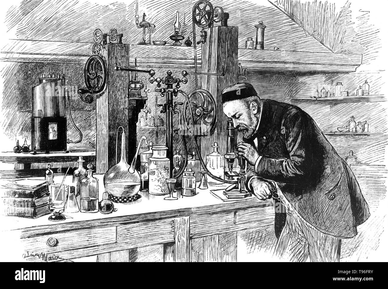 Louis Pasteur dans son laboratoire. Pasteur (1822 - 1895) était un chimiste français, et qui a fondé le bactériologiste La science de la microbiologie. Pasteur découvrit que la maladie peut être causée par une bactérie transmise de personne à personne (la théorie des germes de maladies). Il a également mis au point des vaccins contre la rage et la maladie du charbon.. En 1887, il fonde l'Institut Pasteur. Lettrage : signature indistincte de l'artiste en bas à gauche de l'imprimer, le 21 novembre 1885. Banque D'Images